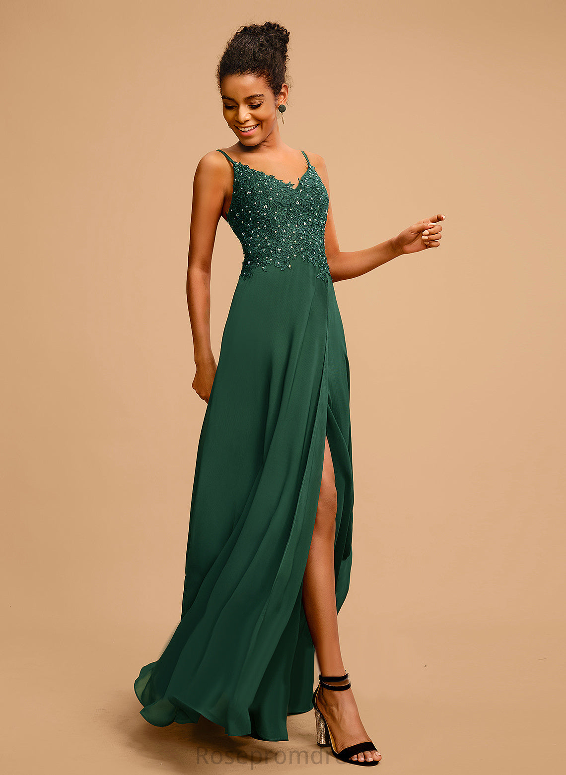 Sequins Prom Dresses Floor-Length Daphne A-Line With V-neck Chiffon Lace Beading