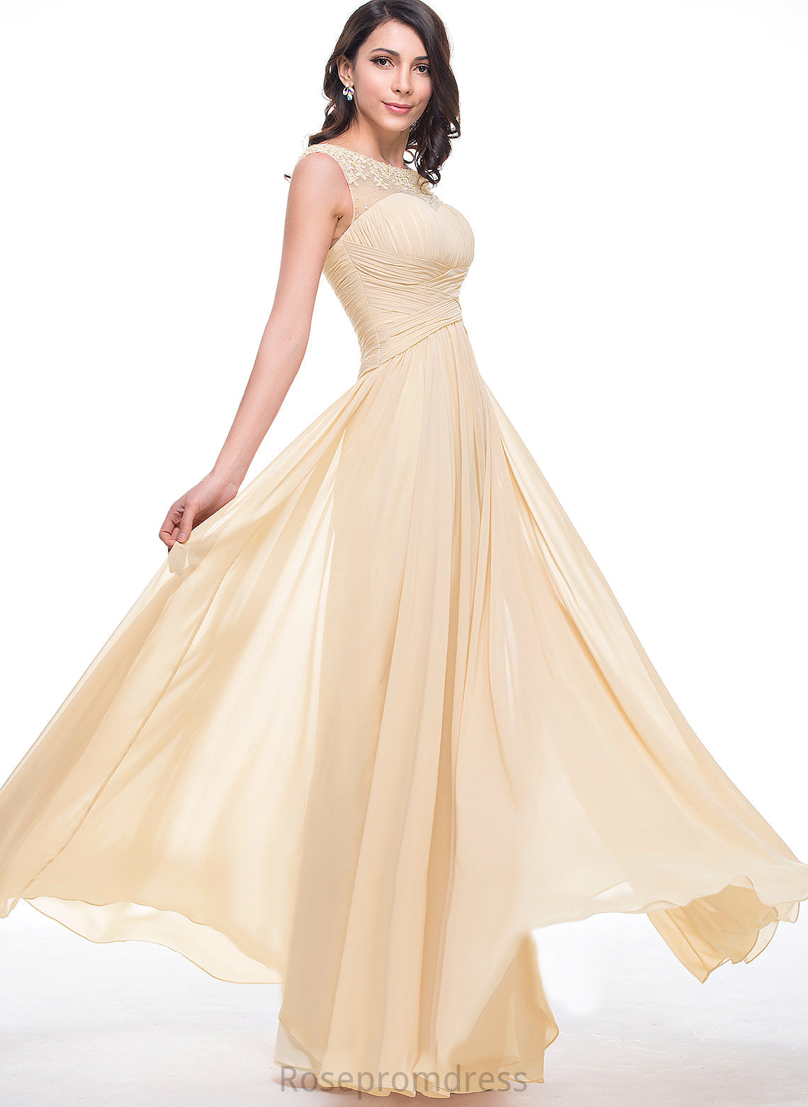 A-Line Prom Dresses Beading Tulle Flower(s) Mandy Floor-Length With Ruffle Chiffon Scoop