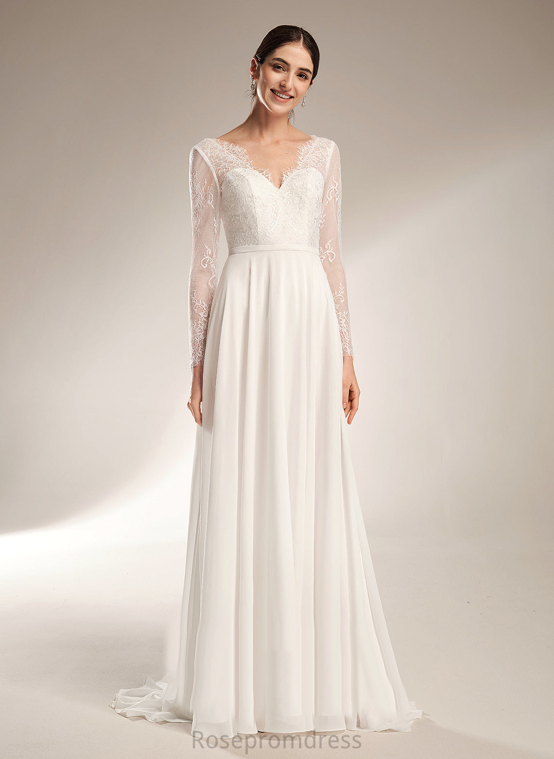 A-Line Wedding Caitlin V-neck Wedding Dresses Train Lace Chiffon Sweep Dress