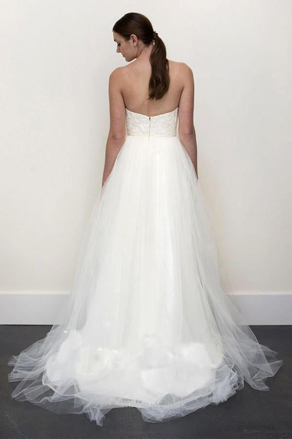 Sexy Top A-line White Lace Grey Tulle Strapless Sweetheart Neck Wedding Dress RS357