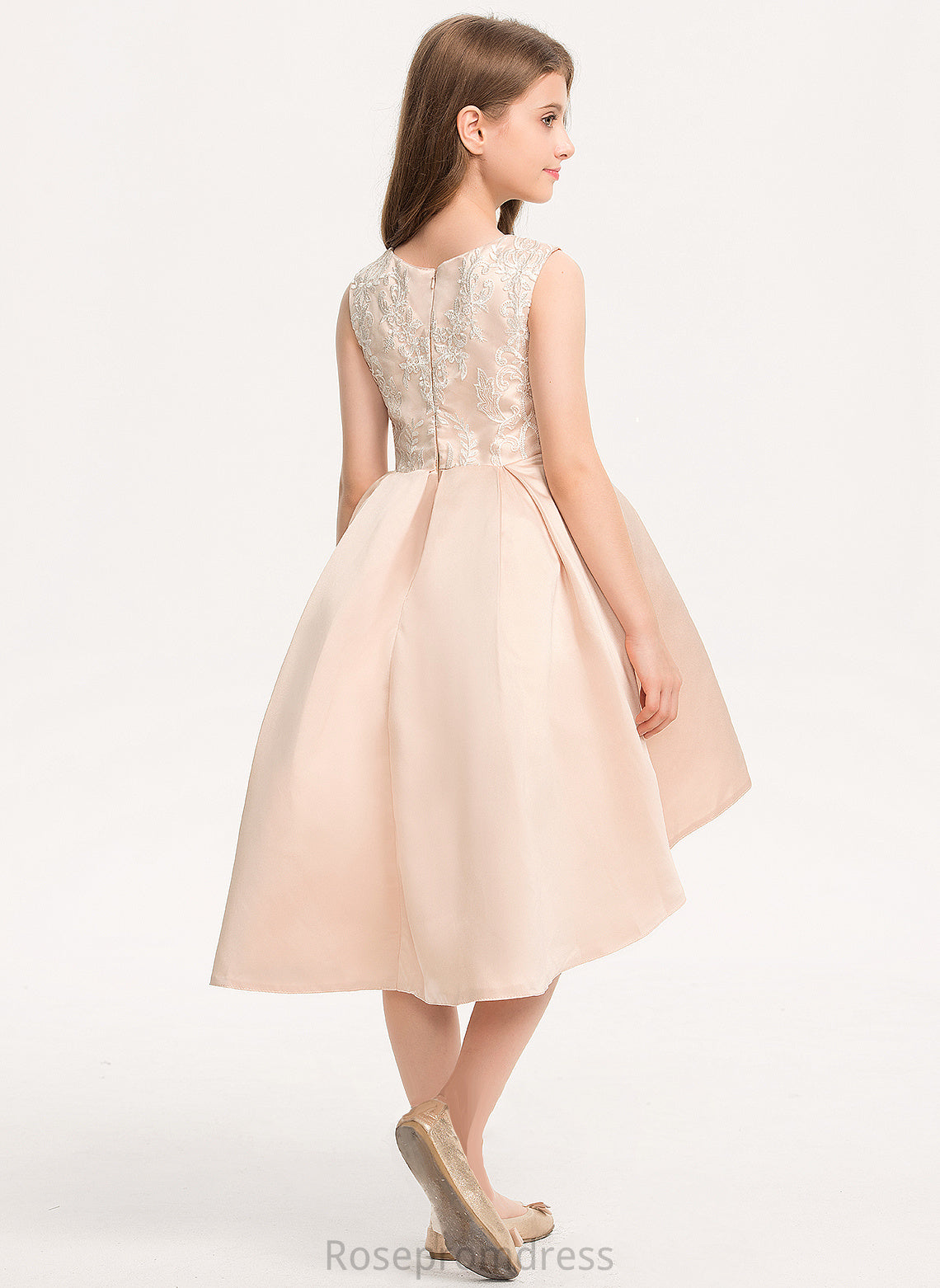 Pockets Asymmetrical A-Line Satin Lace Neck Junior Bridesmaid Dresses Scoop Beading With Mary