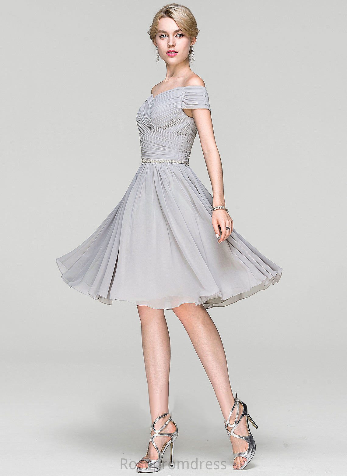 Dress Beading Cocktail Cocktail Dresses Kaylen Knee-Length Ruffle Off-the-Shoulder A-Line With Chiffon