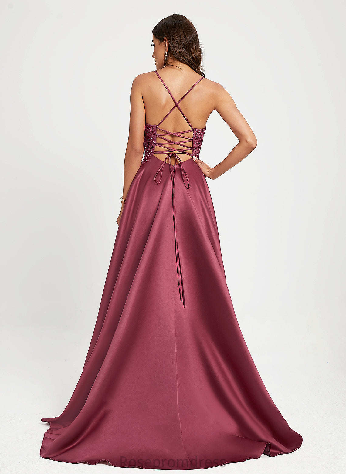 Sequins Beading Satin Prom Dresses Kay Train A-Line With Square Sweep