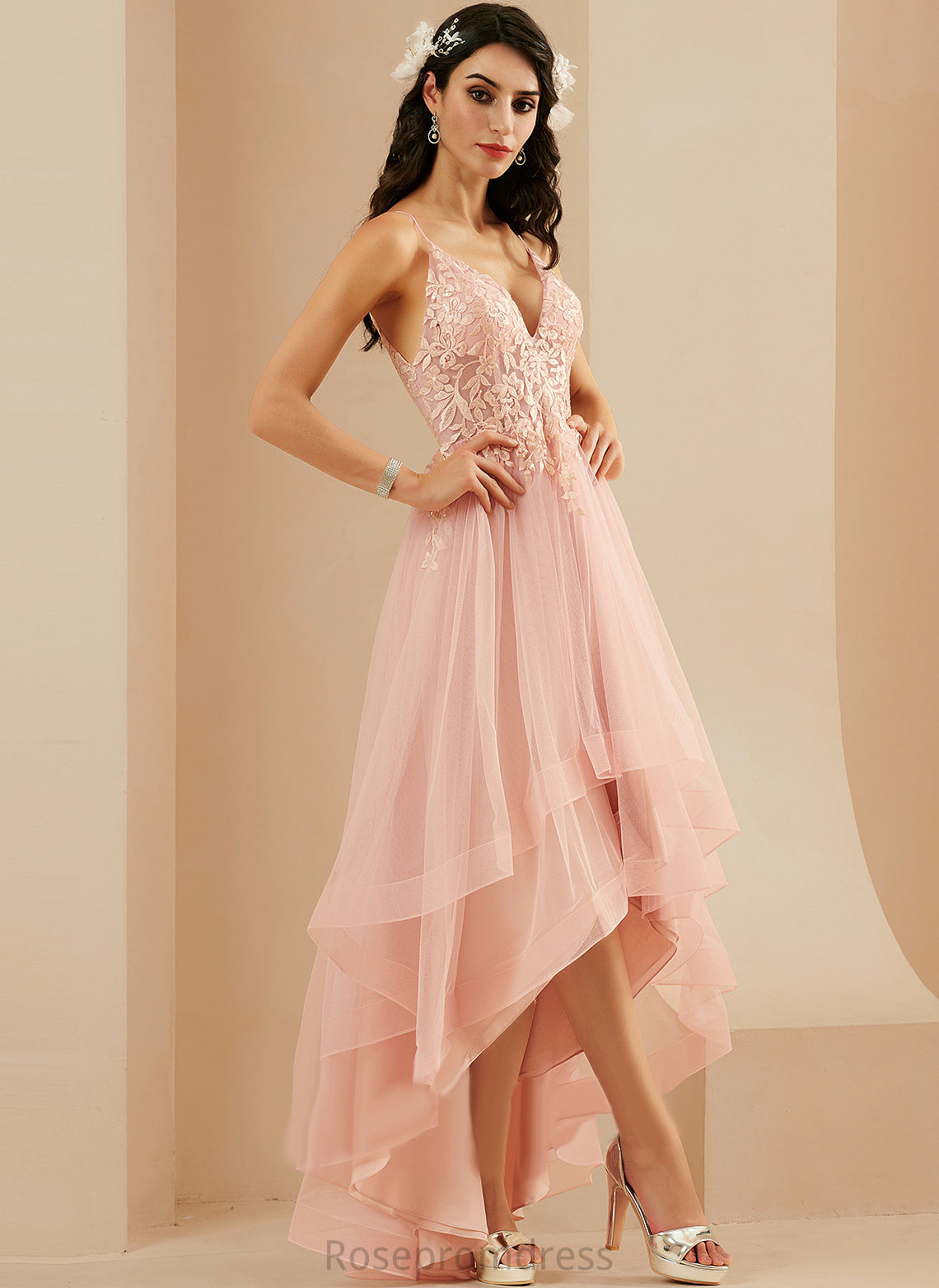 Lace Tulle Ball-Gown/Princess Prom Dresses V-neck Emmalee Asymmetrical