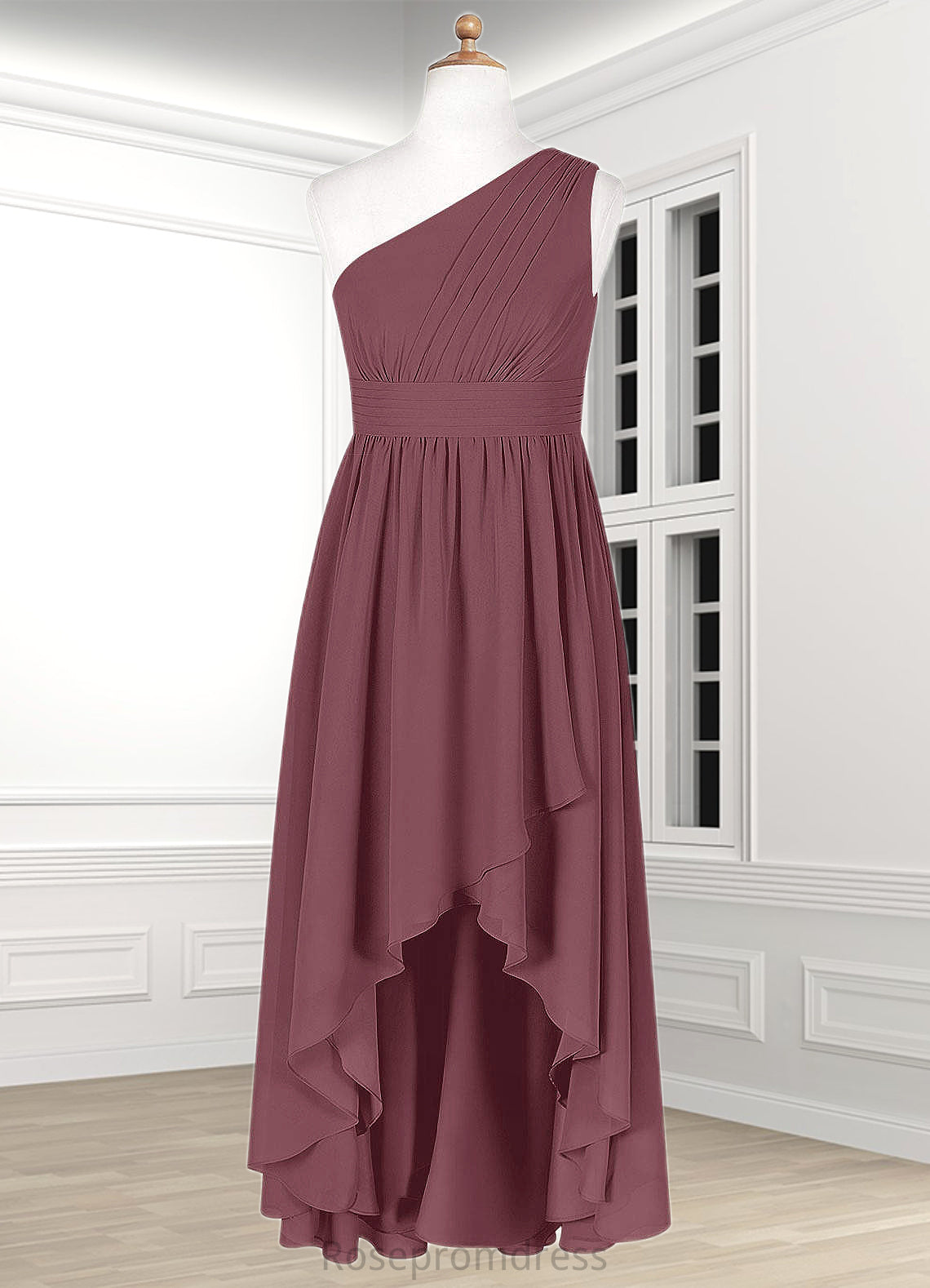 Allisson A-Line Pleated Chiffon Asymmetrical Junior Bridesmaid Dress SRSP0019990