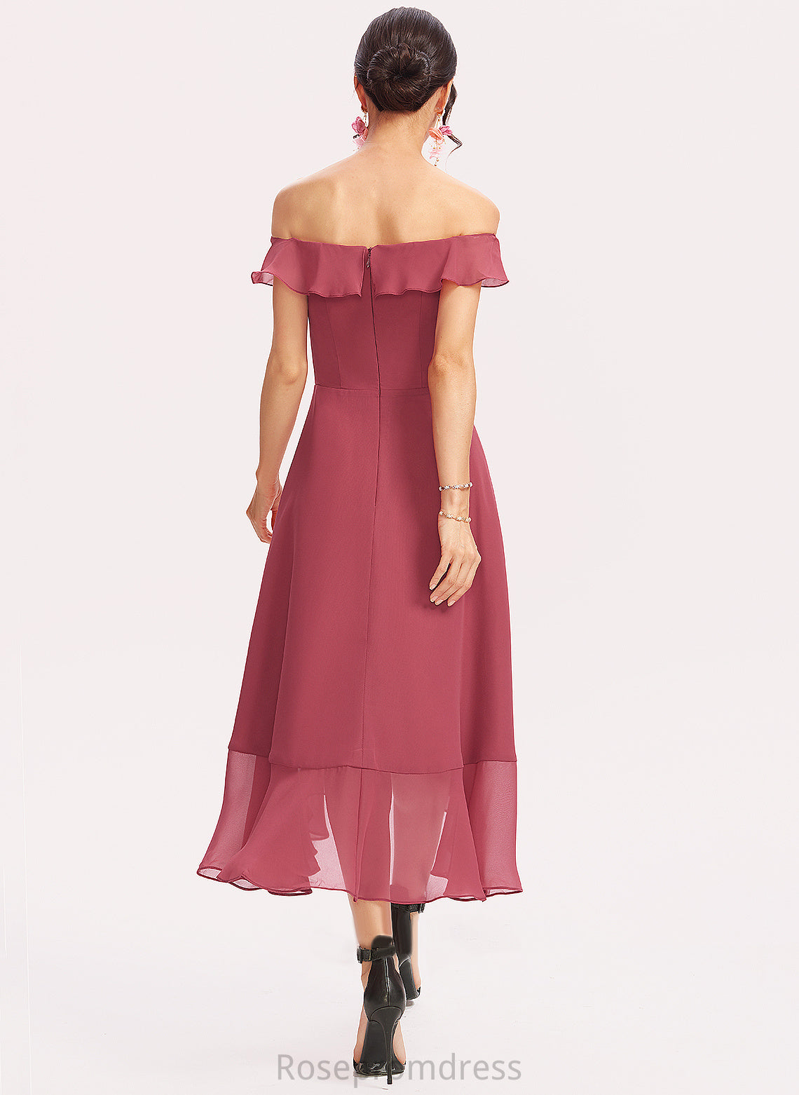 Off-the-Shoulder Tea-Length Chiffon Cocktail Dresses With Cascading Ruffles Cocktail A-Line Dress Kamora