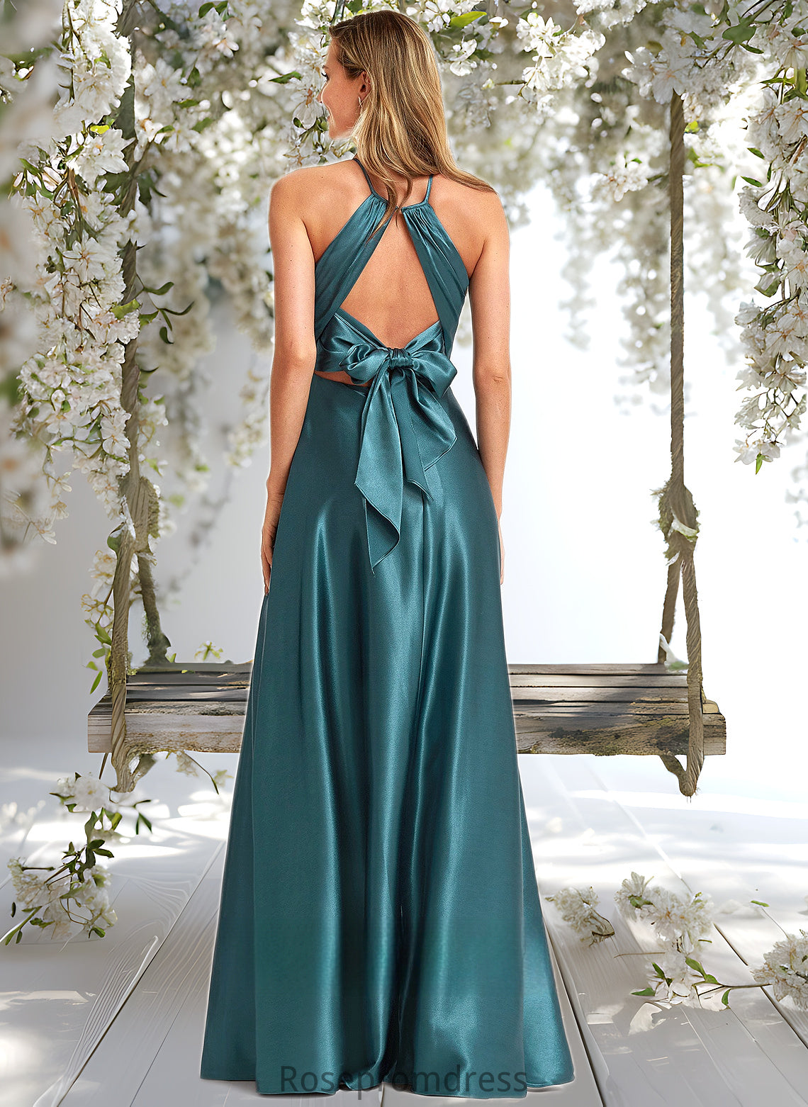 Jaelynn A-line Halter Floor-Length Stretch Satin Bridesmaid Dress DSP0025731