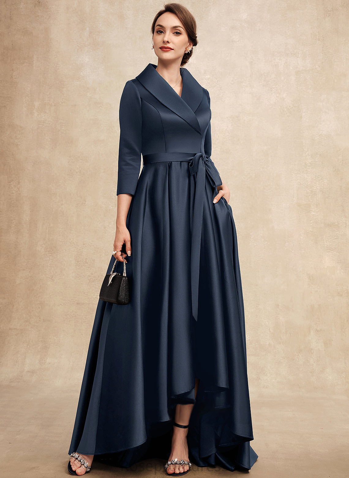 Bow(s) Pockets A-Line Pamela Asymmetrical With V-neck Satin of the Bride Mother Dress Mother of the Bride Dresses