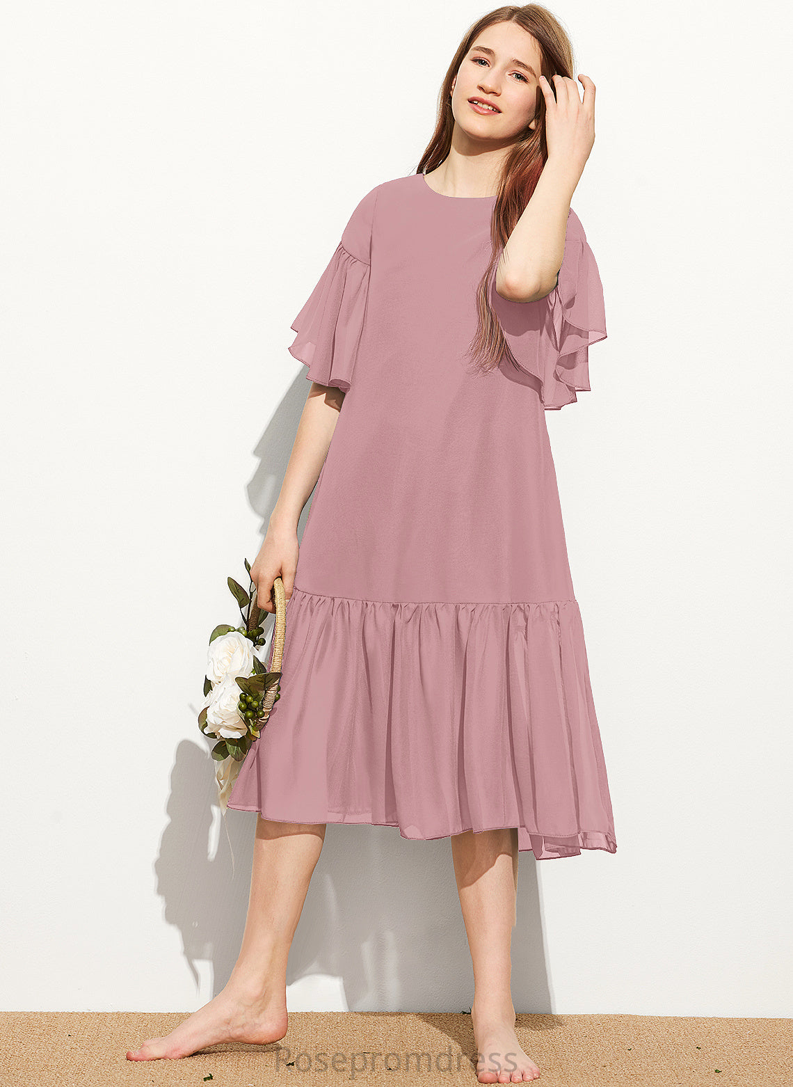 With Cascading Junior Bridesmaid Dresses A-Line Ruffles Scoop Mariah Neck Knee-Length Chiffon