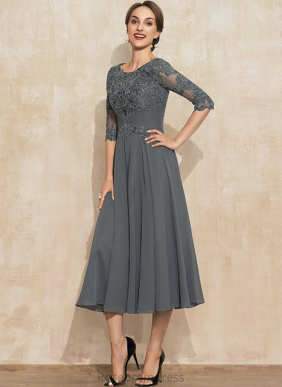 Mother of the Bride Dresses A-Line Mother Tea-Length Chiffon the Scoop Neck Dress With Elle of Sequins Bride Lace