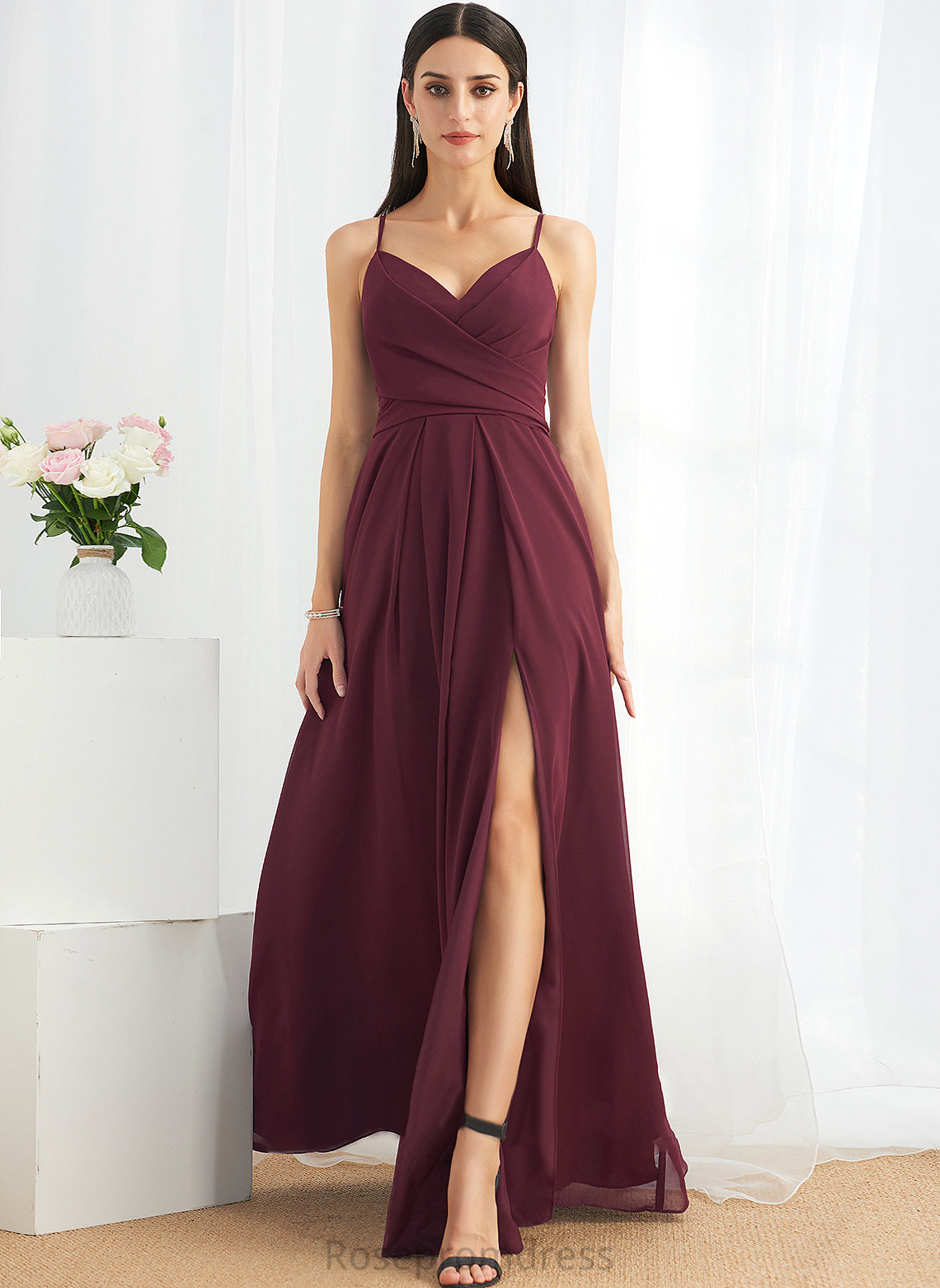 SplitFront Ruffle A-Line Neckline Silhouette Fabric V-neck Floor-Length Embellishment Length Brooklyn Natural Waist Bridesmaid Dresses