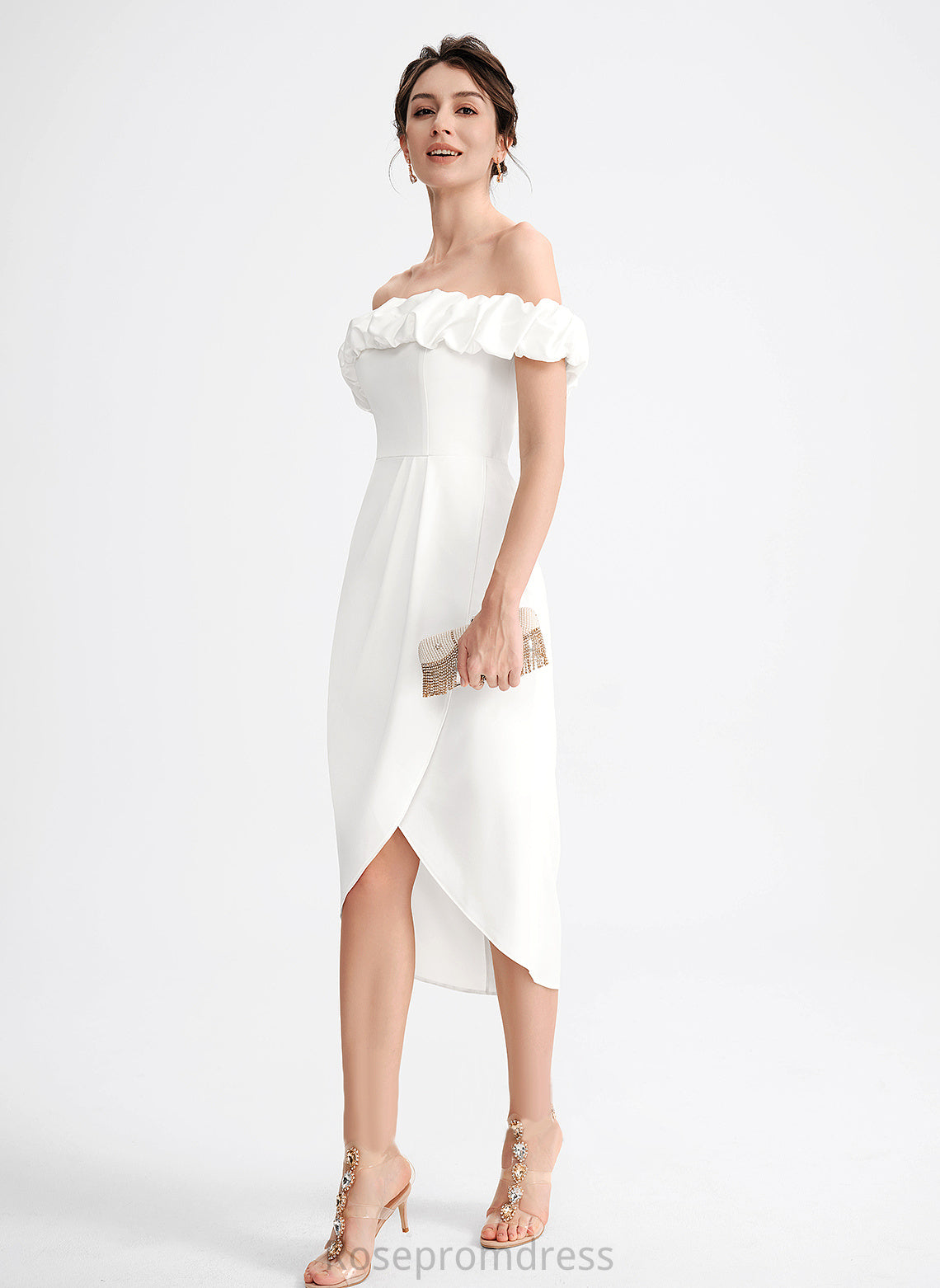 Stretch Off-the-Shoulder Crepe With Ruffle Asymmetrical Cocktail Dress Cocktail Dresses Frederica