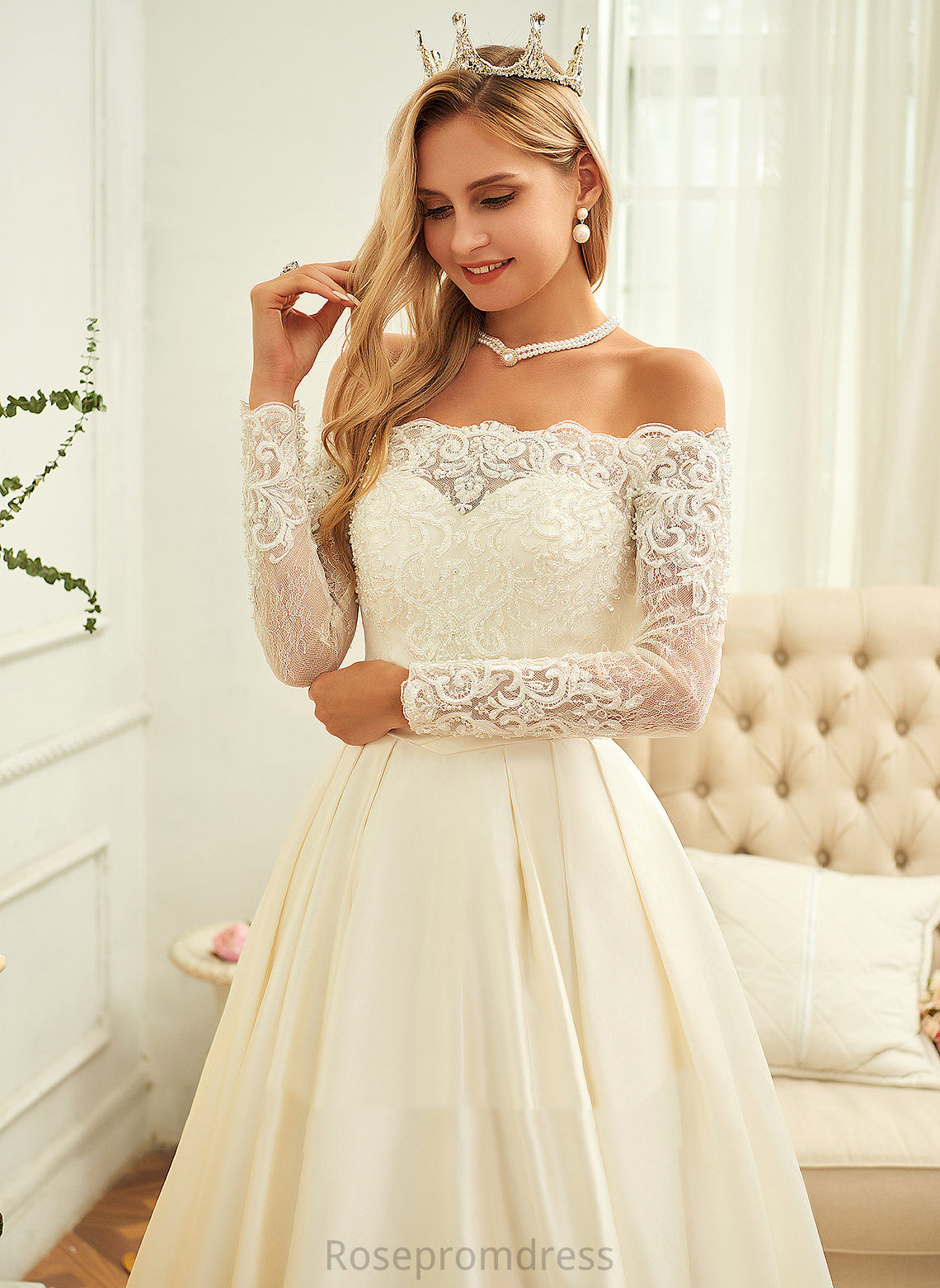 Alaina Sweep Off-the-Shoulder Wedding Sequins Wedding Dresses Lace Ball-Gown/Princess Train Dress With Beading Satin