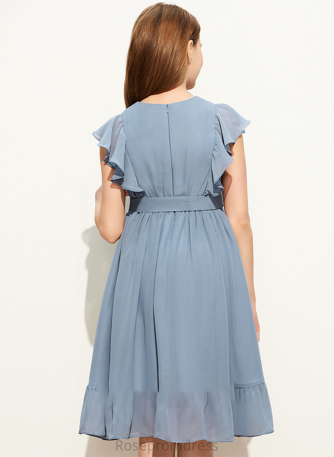 Knee-Length Scoop With Saige Chiffon A-Line Cascading Junior Bridesmaid Dresses Neck Ruffles Bow(s)