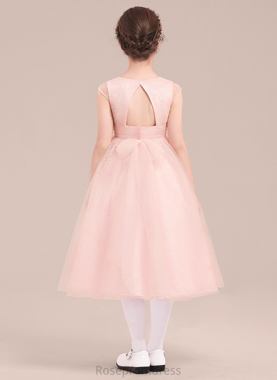 Bow(s) Sleeveless Caroline With Dress Tulle Girl Scoop A-Line/Princess - Tea-length Flower Neck Flower Girl Dresses