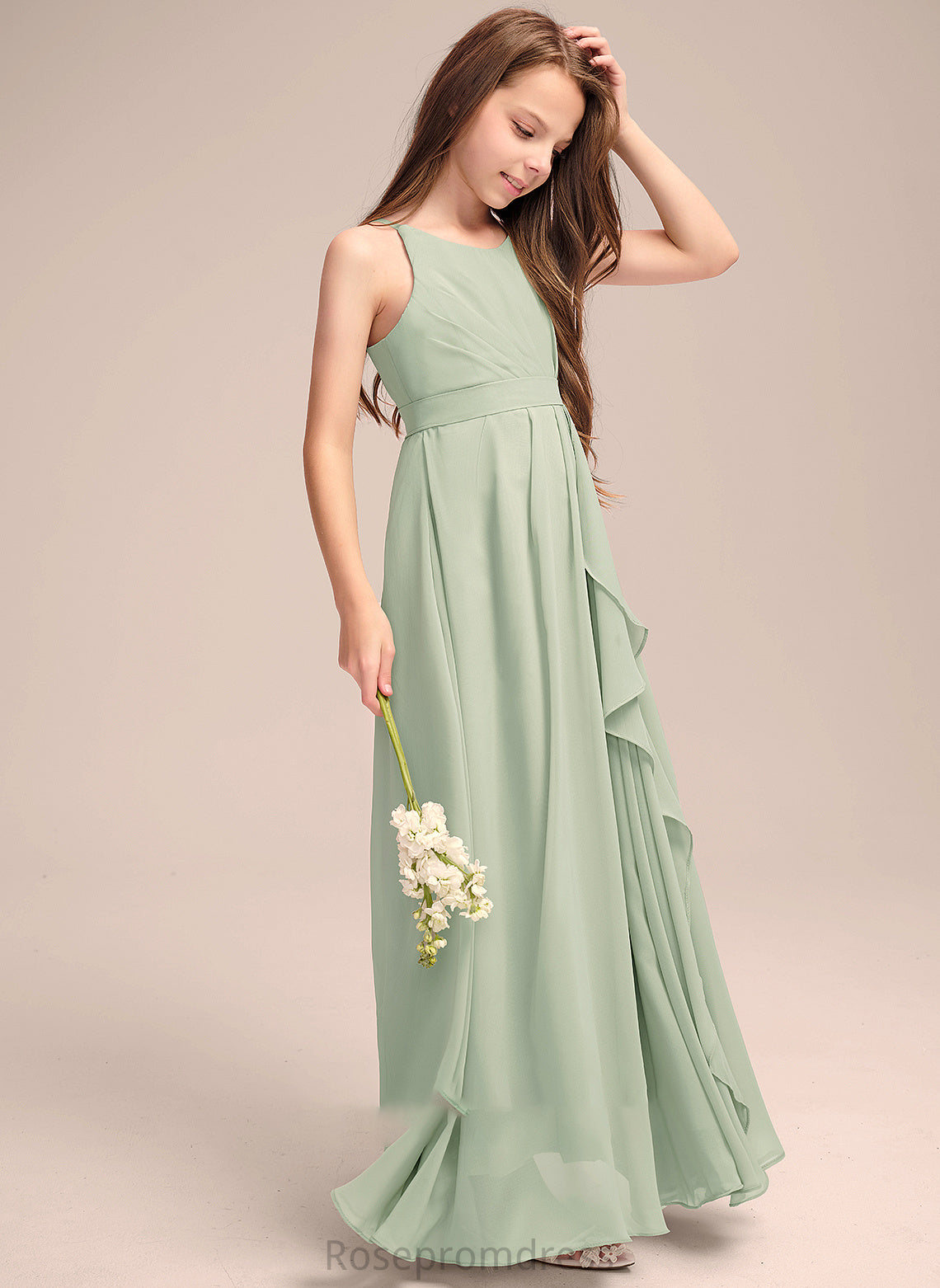 A-Line Floor-Length With Neck Chiffon Junior Bridesmaid Dresses Jacquelyn Ruffles Scoop Cascading