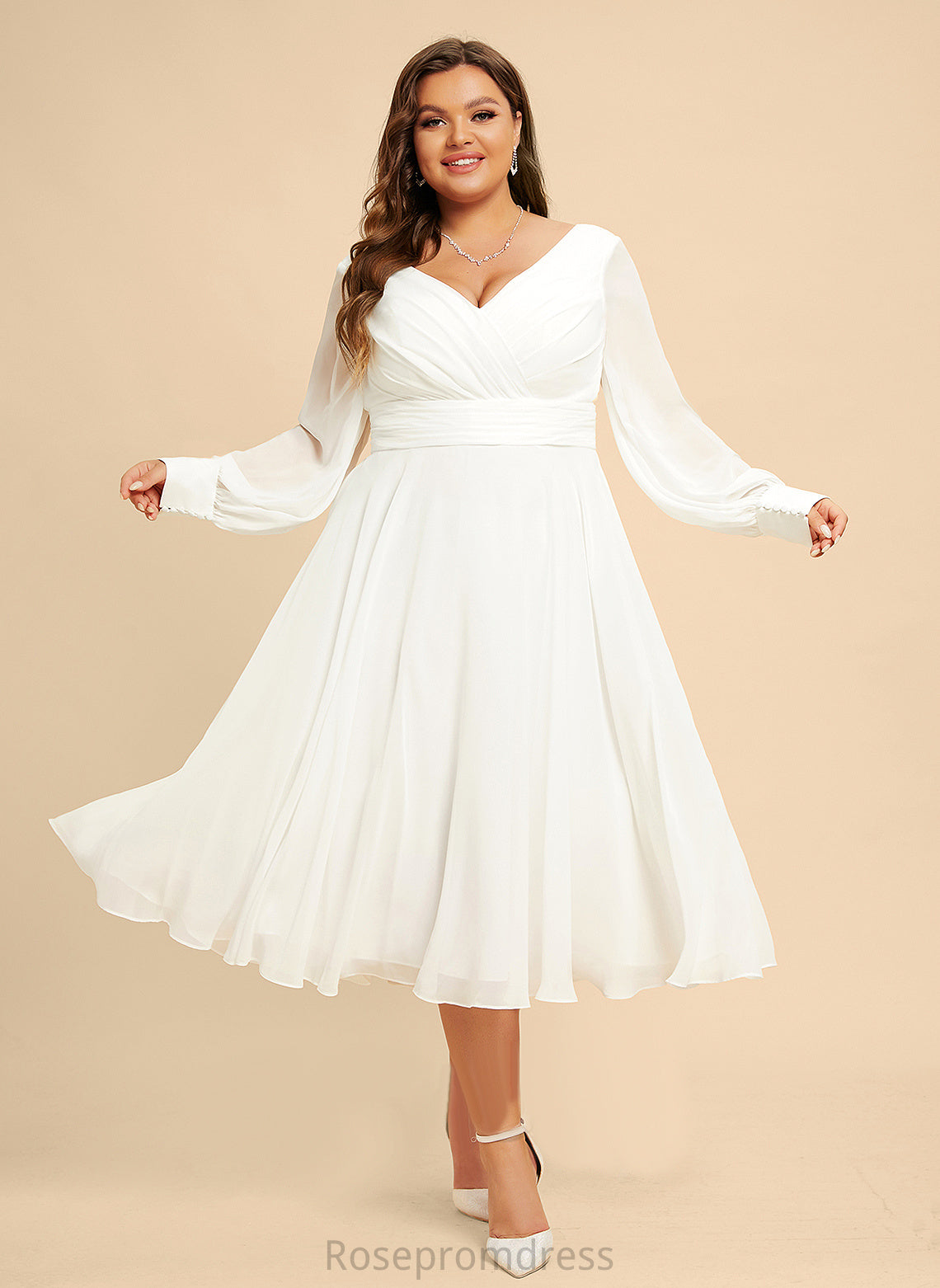 Tea-Length Kiley Wedding A-Line Chiffon Wedding Dresses V-neck Dress