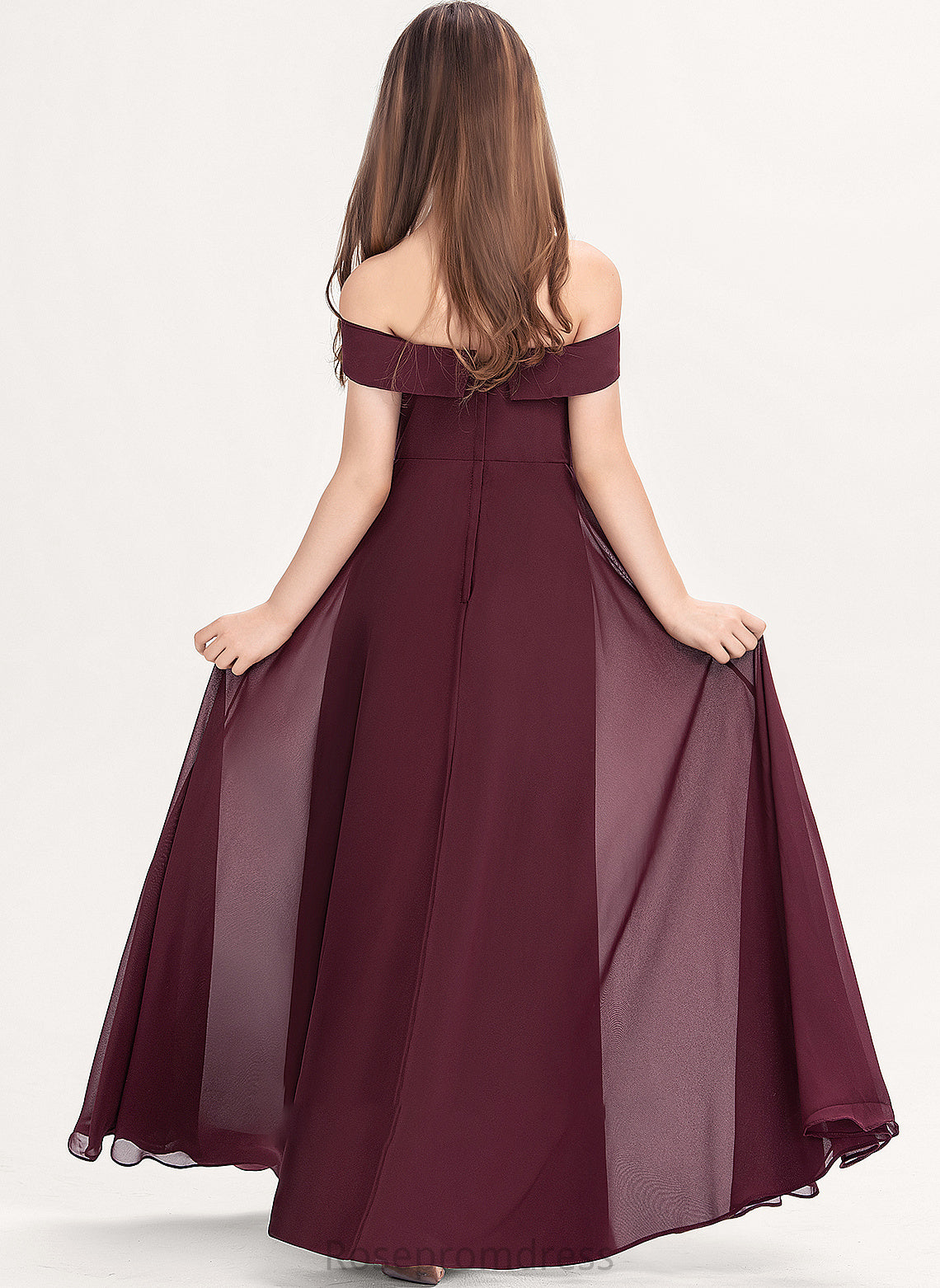 A-Line Junior Bridesmaid Dresses Off-the-Shoulder Chiffon Floor-Length Stacy