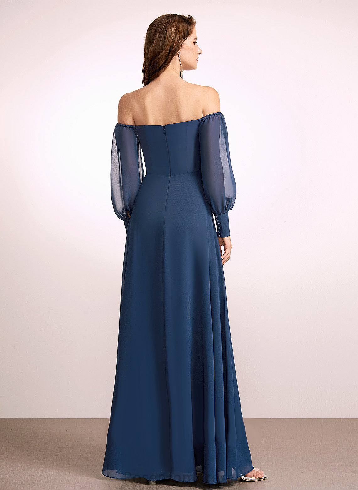 Embellishment A-Line Off-the-Shoulder Neckline Length Silhouette SplitFront Floor-Length Fabric Paulina V-Neck Natural Waist Bridesmaid Dresses