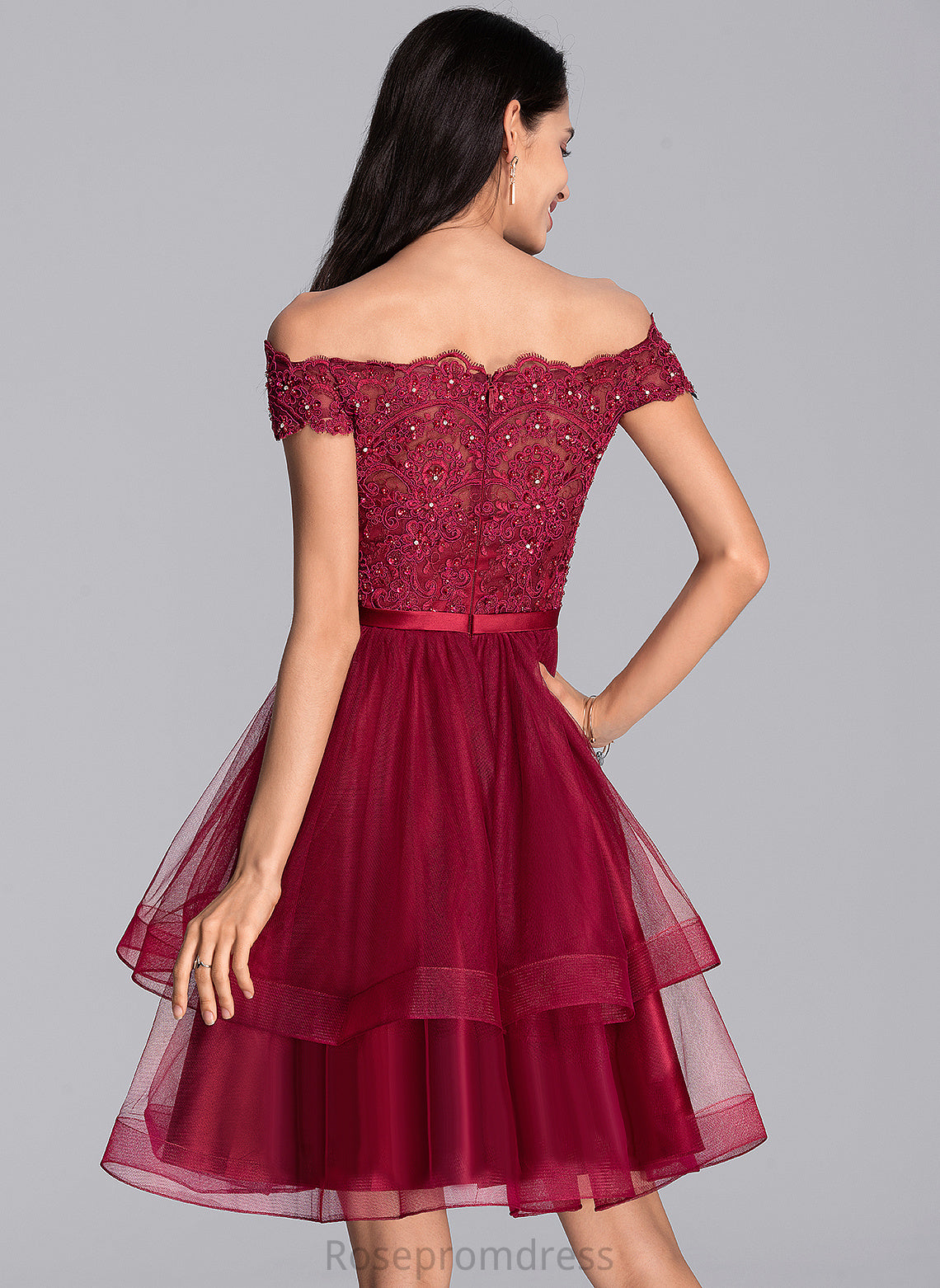 Kaylynn Knee-Length Homecoming Dresses Lace Beading Sequins Dress A-Line Off-the-Shoulder Tulle Homecoming With