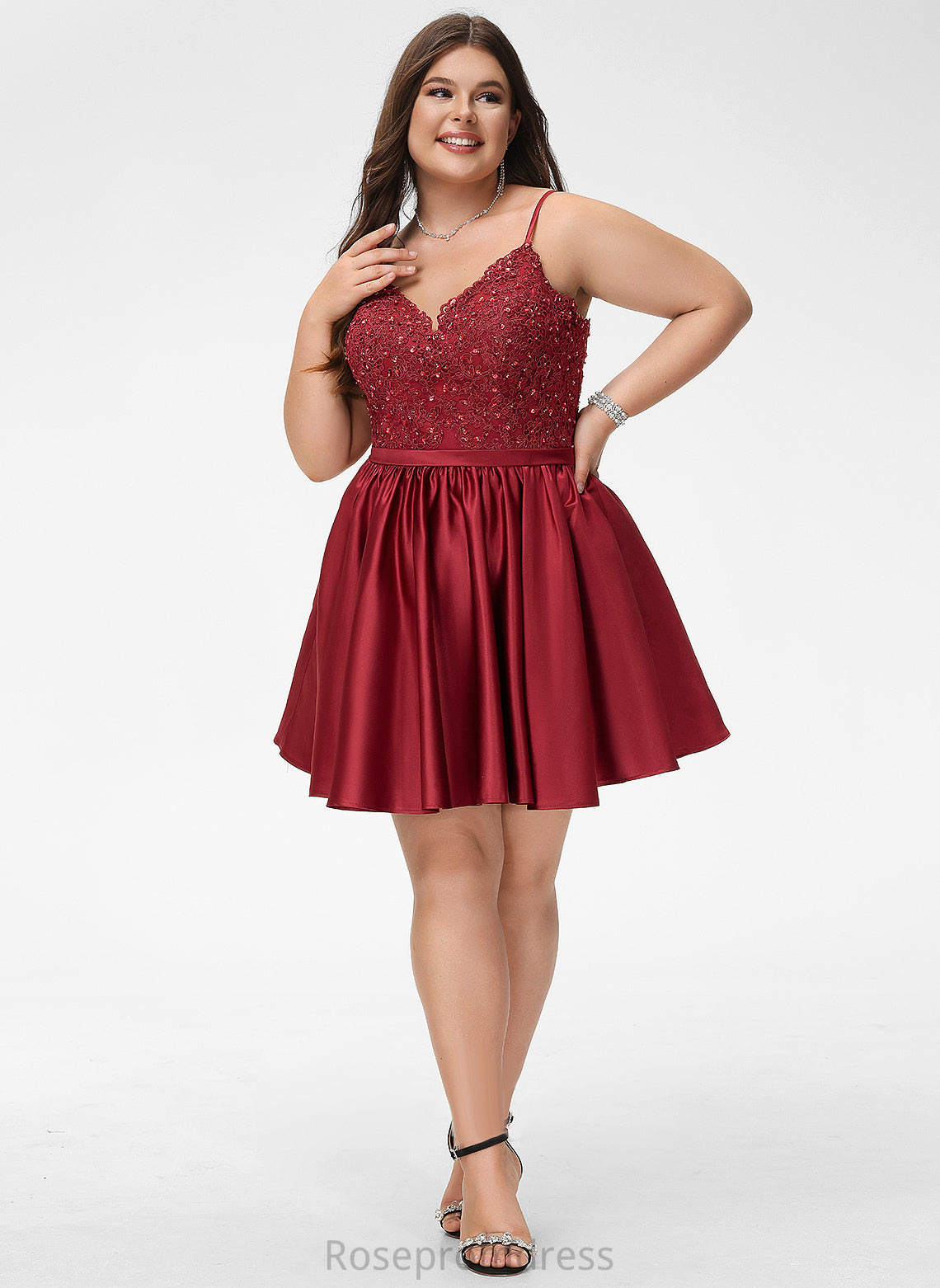 V-neck Short/Mini Lace Beading Cocktail Dress Satin A-Line Cocktail Dresses With Heidi Lace