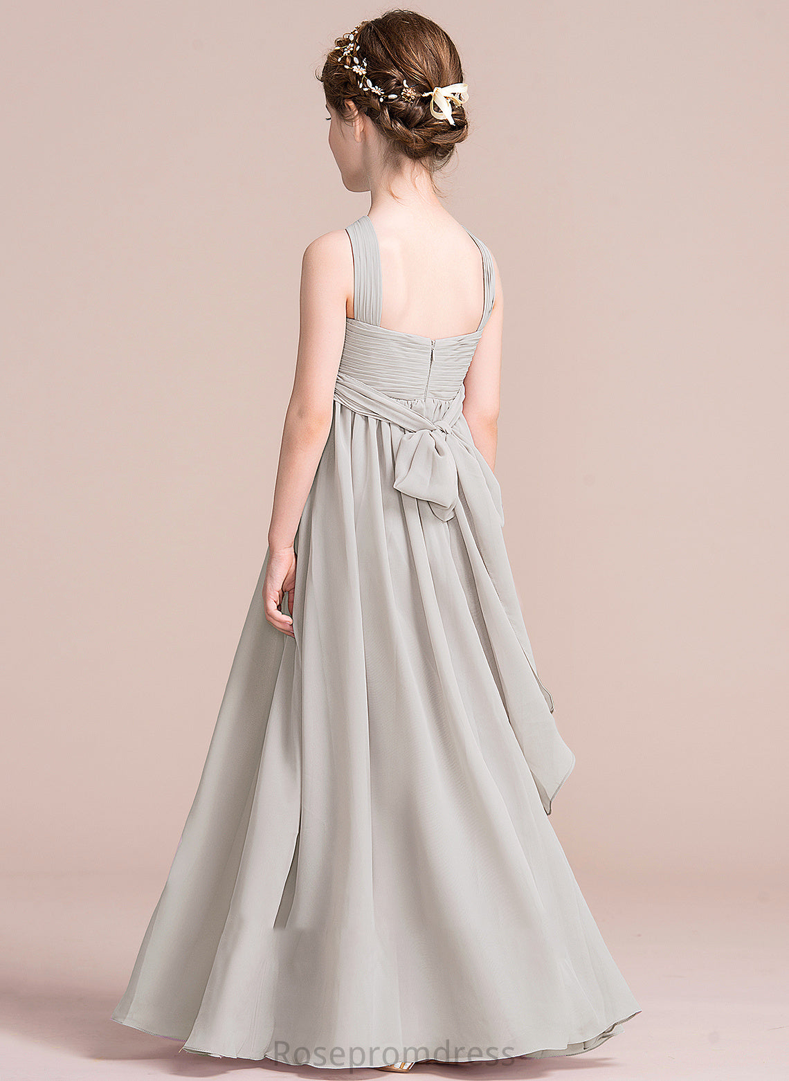 Bow(s) Ruffle Floor-Length Kelsey V-neck With A-Line Chiffon Junior Bridesmaid Dresses