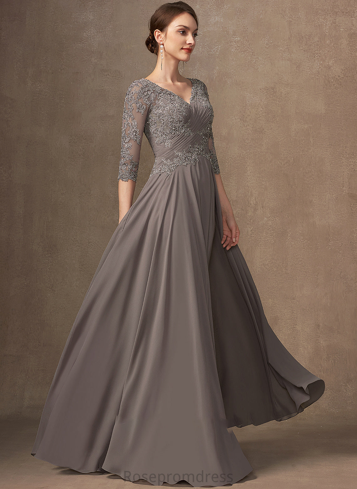 the Floor-Length Mother of the Bride Dresses Chiffon Bride With Sequins A-Line Mother Dress Beading Andrea V-neck of Lace