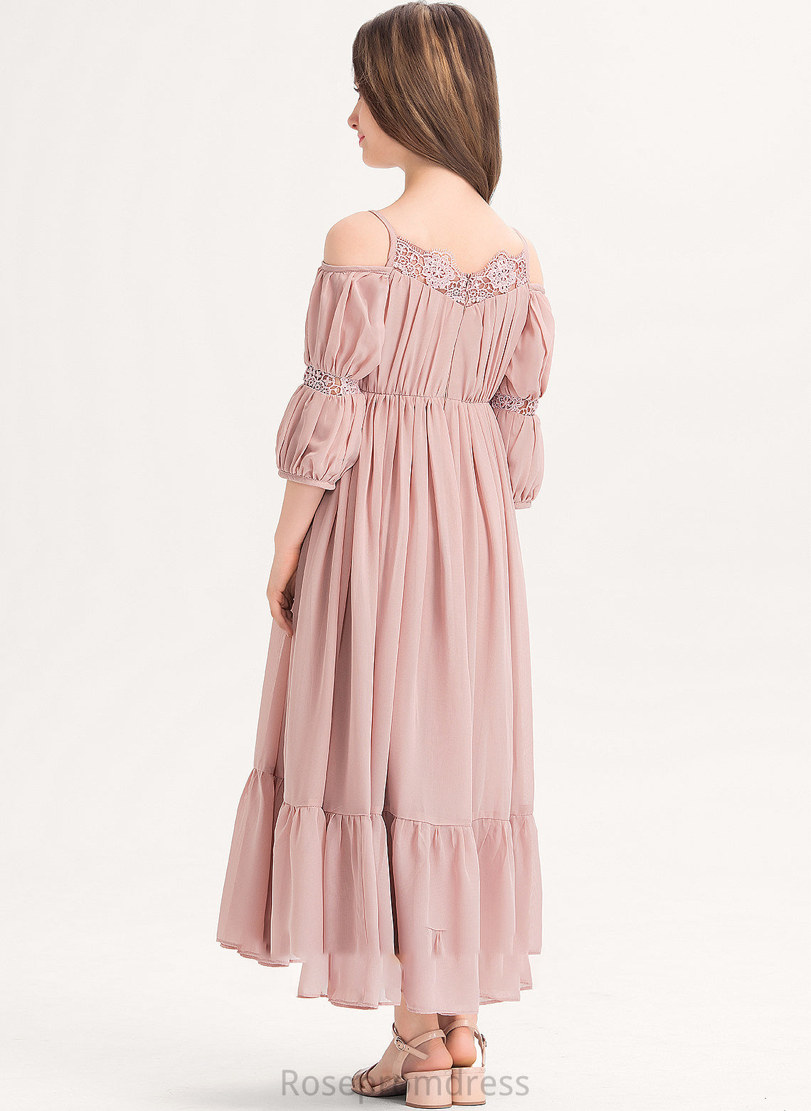 A-Line Lace Chiffon Ruffle Square With Noemi Ankle-Length Junior Bridesmaid Dresses Neckline