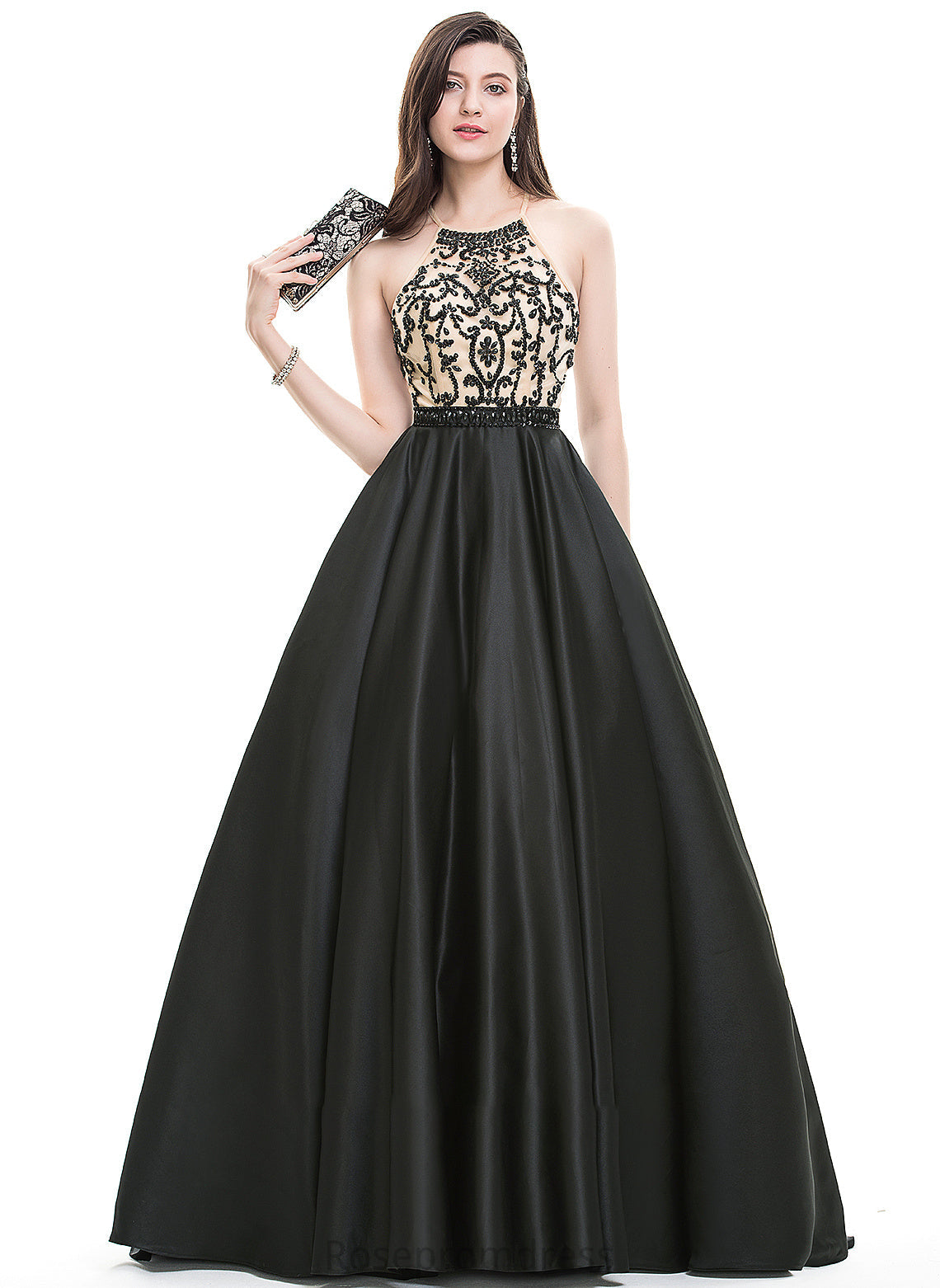 Train Satin Neck Sasha Sequins Sweep With Beading Prom Dresses Scoop Ball-Gown/Princess