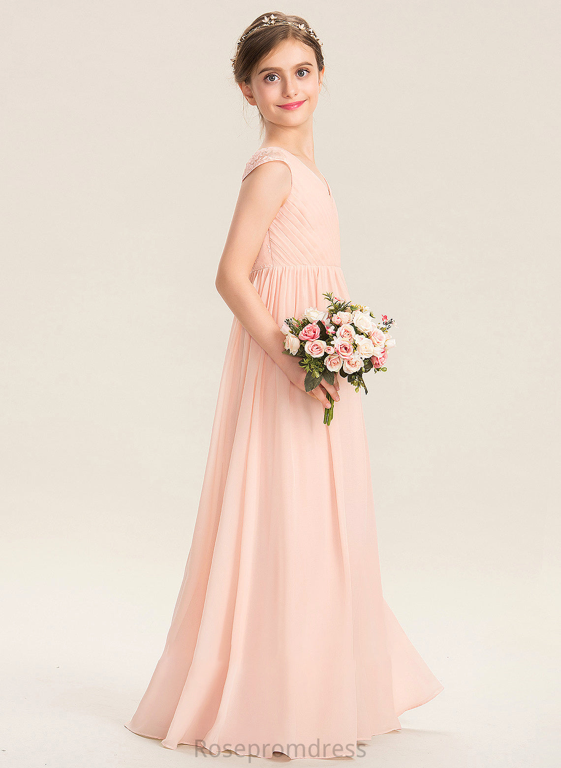 Floor-Length Elsie Junior Bridesmaid Dresses Lace Chiffon Ruffle A-Line V-neck With