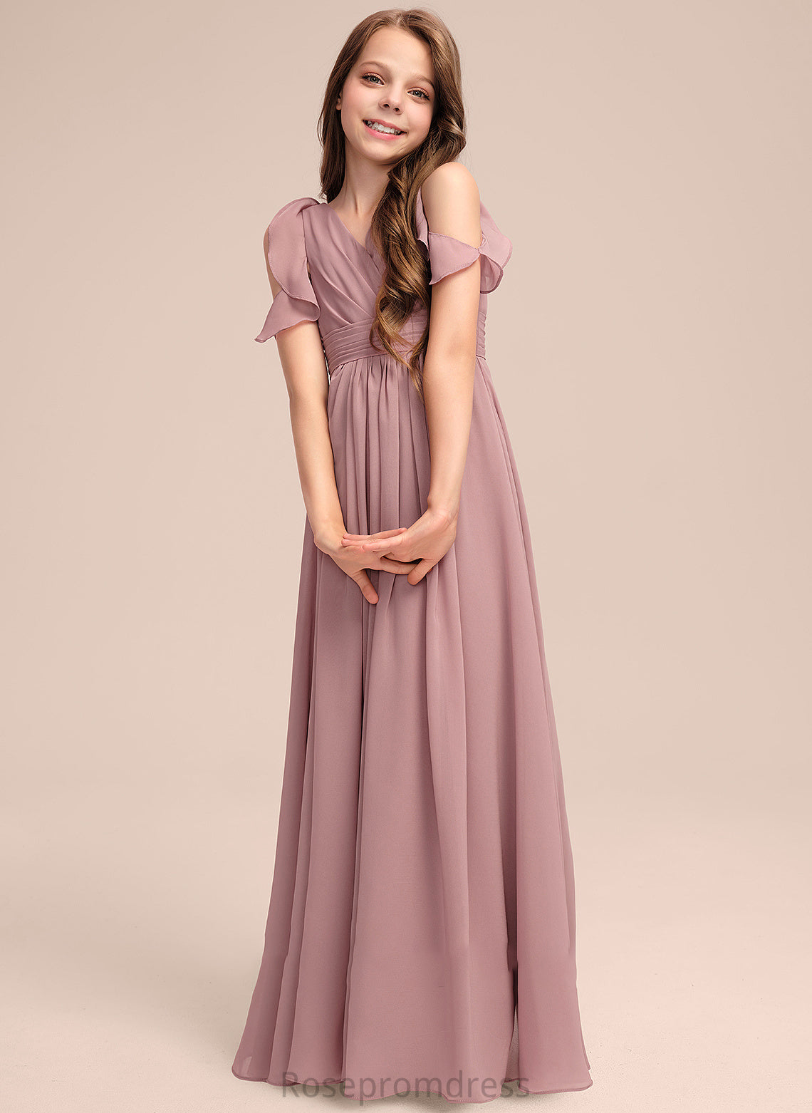 Ruffles V-neck A-Line Cascading Kinley Junior Bridesmaid Dresses Chiffon Floor-Length With