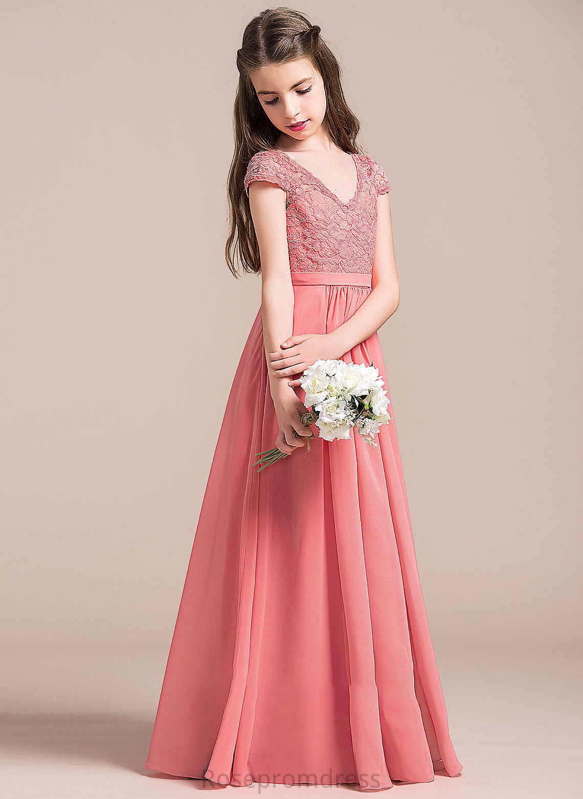 Chiffon Ivy Floor-Length V-neck Junior Bridesmaid Dresses Lace A-Line