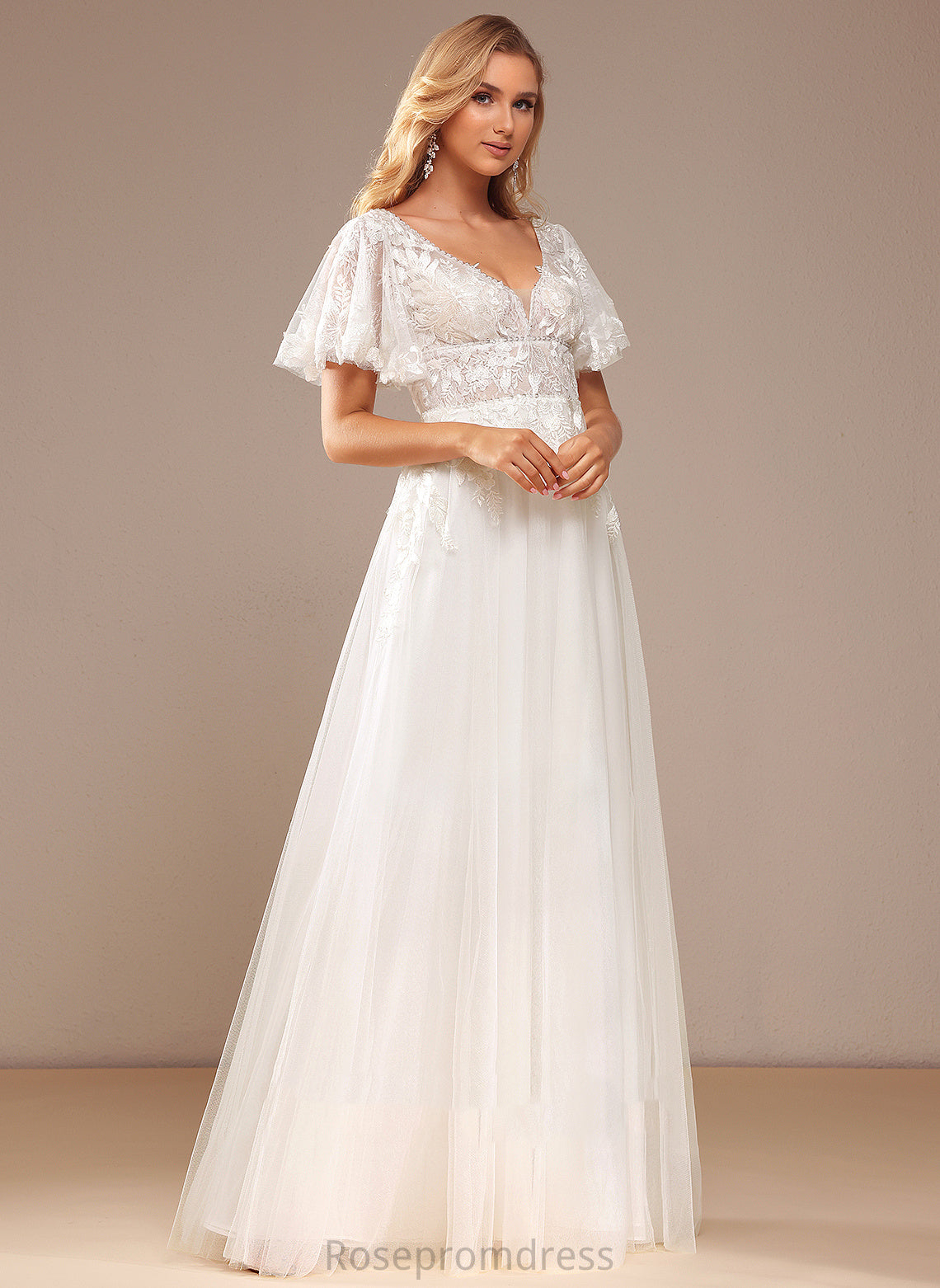 Tulle Wedding Averie With Lace Dress A-Line Sequins V-neck Lace Beading Floor-Length Wedding Dresses