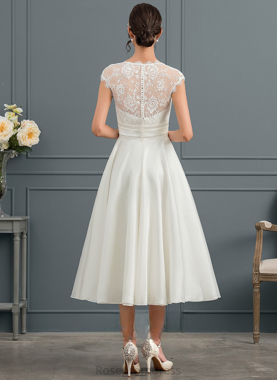 Lace With V-neck Dress Tea-Length A-Line Wedding Wedding Dresses Satin Bow(s) Cailyn