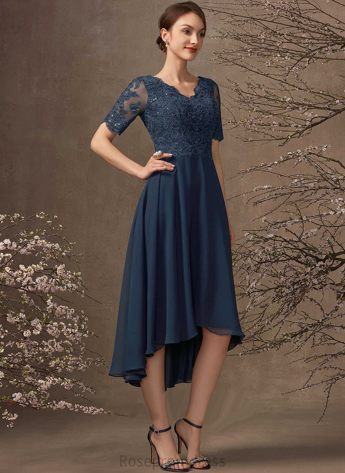 the Sequins Chiffon Bride Lace A-Line Mother With of Dress Asymmetrical V-neck Elle Mother of the Bride Dresses