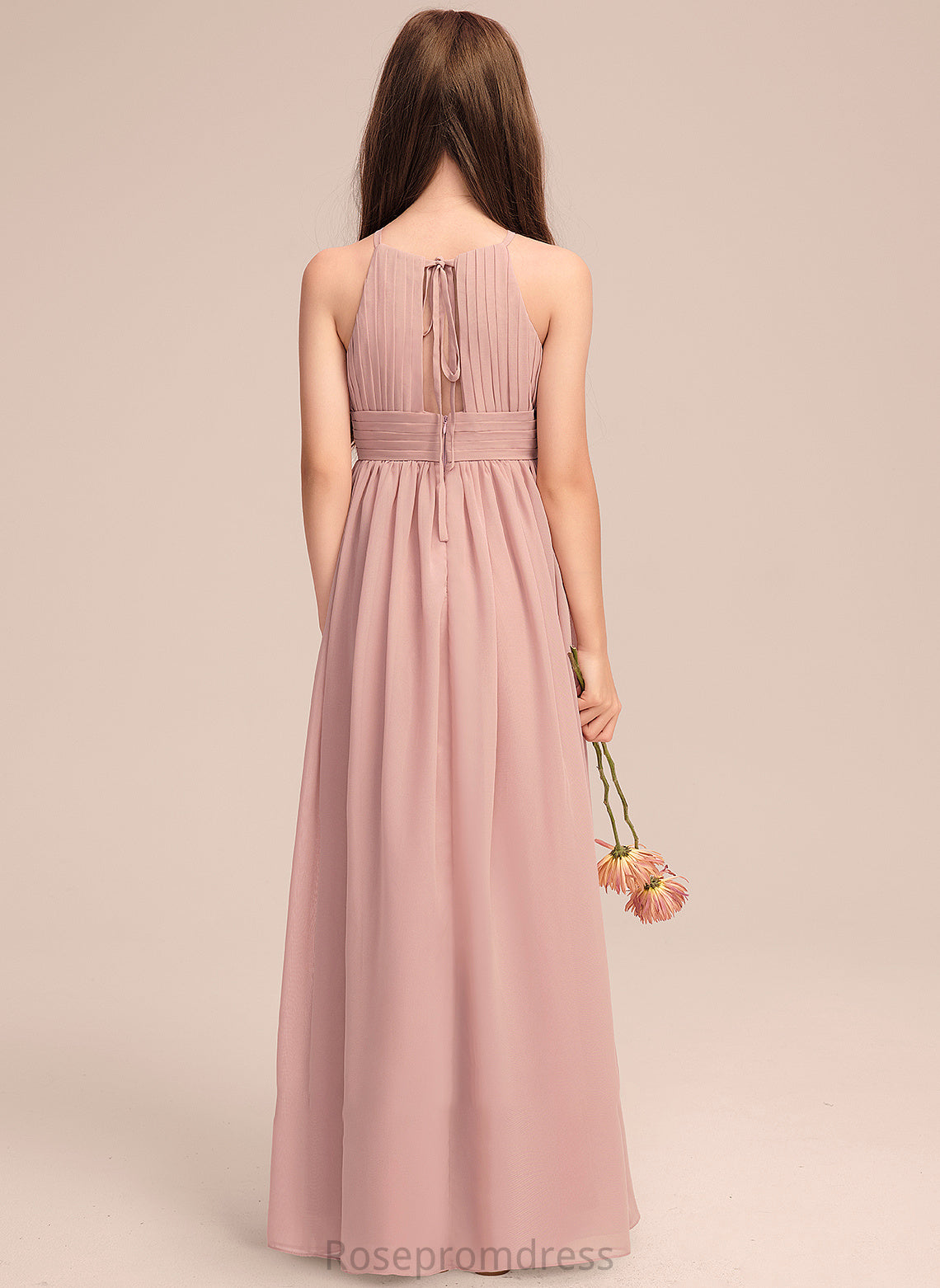 Junior Bridesmaid Dresses Floor-Length Angela With Ruffle Neck A-Line Scoop Chiffon