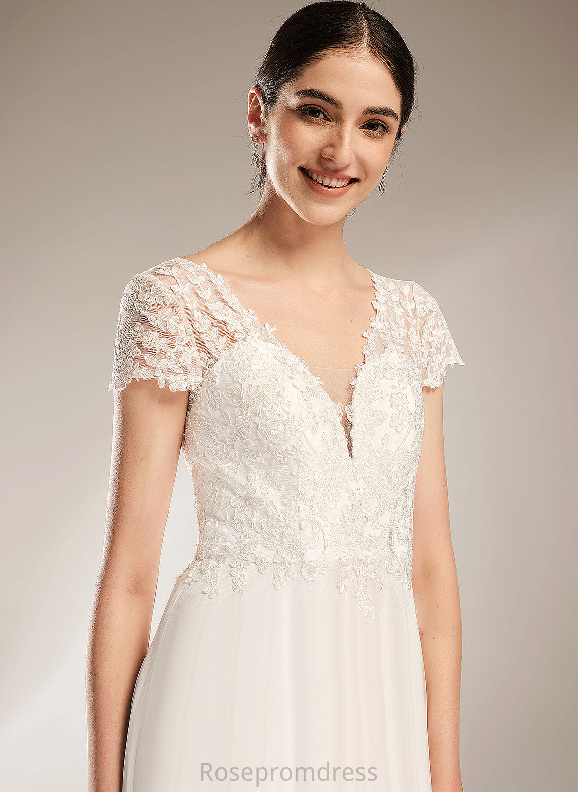 Wedding Melany Chiffon Bow(s) Lace Wedding Dresses V-neck A-Line Court With Dress Train