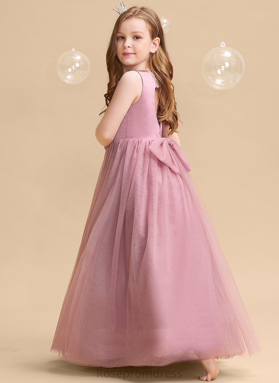 Ball-Gown/Princess Flower Bow(s)/Back Elsie Scoop Hole Girl Sleeveless Floor-length Neck Tulle Flower Girl Dresses - With Dress