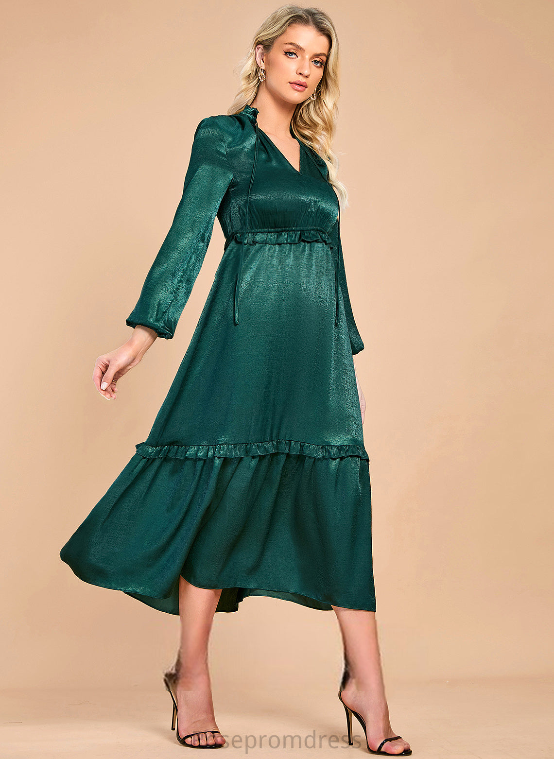 A-line V-Neck Midi Sleeves Elegant Jackie Satin Club Dresses Dresses Long