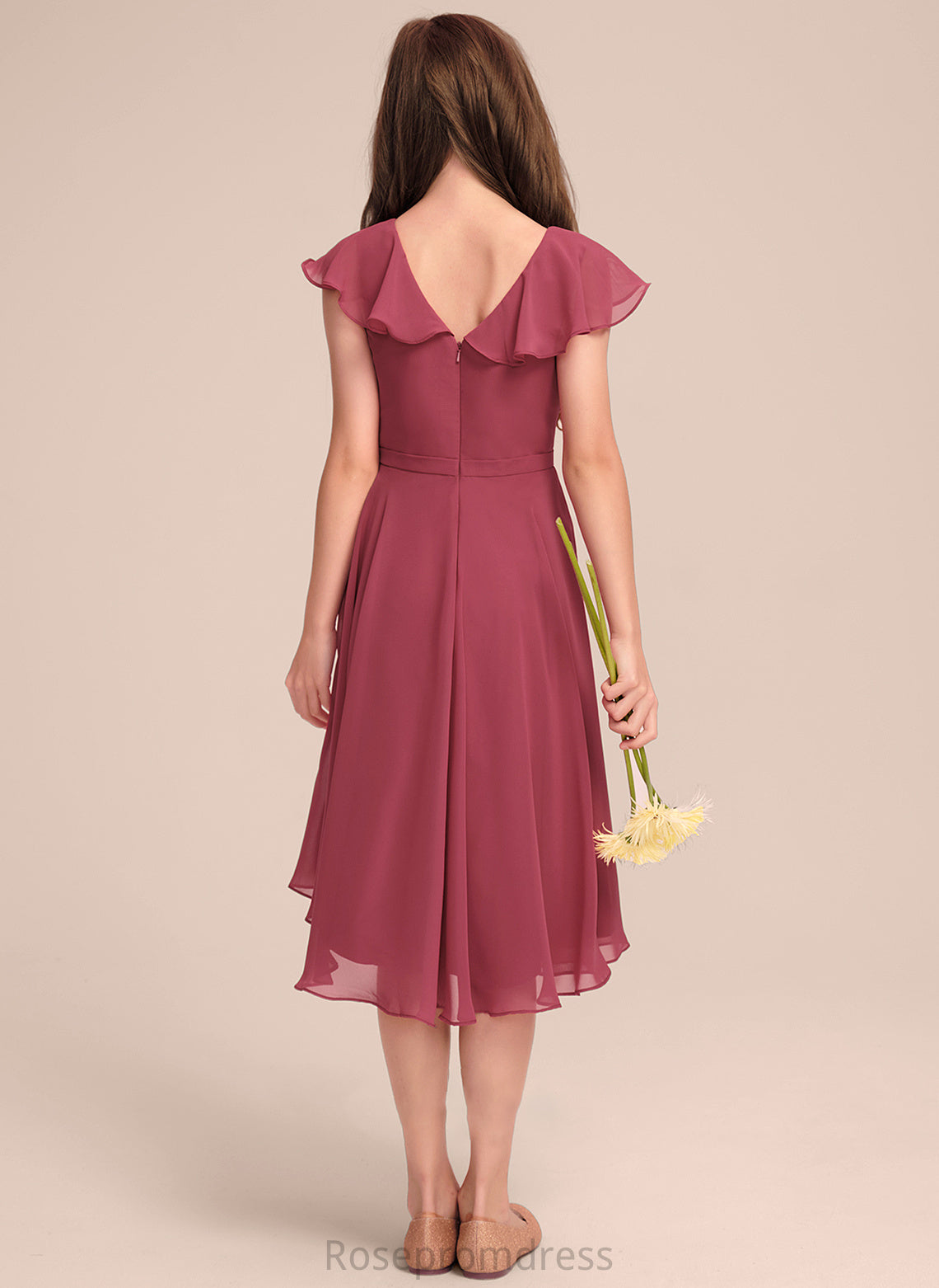 Chiffon Junior Bridesmaid Dresses Ruffles V-neck A-Line Cascading With Asymmetrical Jessica