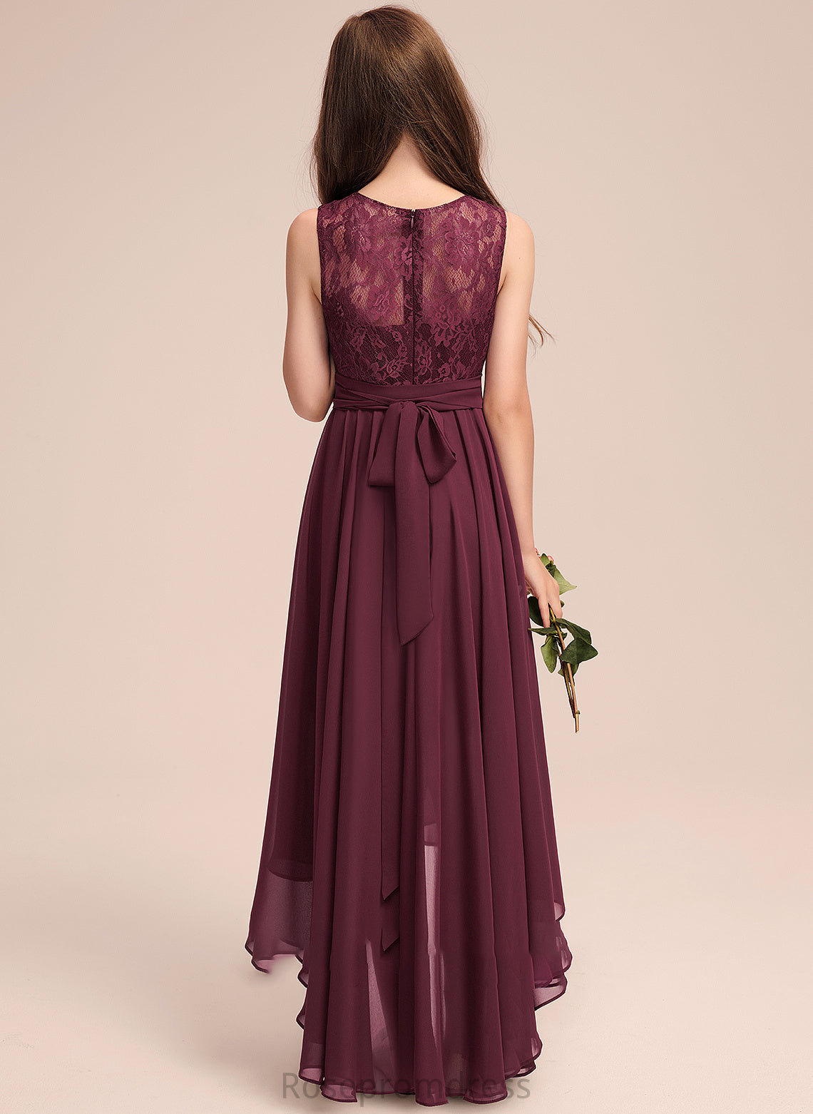 Janey A-Line Asymmetrical Neck Junior Bridesmaid Dresses Bow(s) Scoop Lace With Chiffon