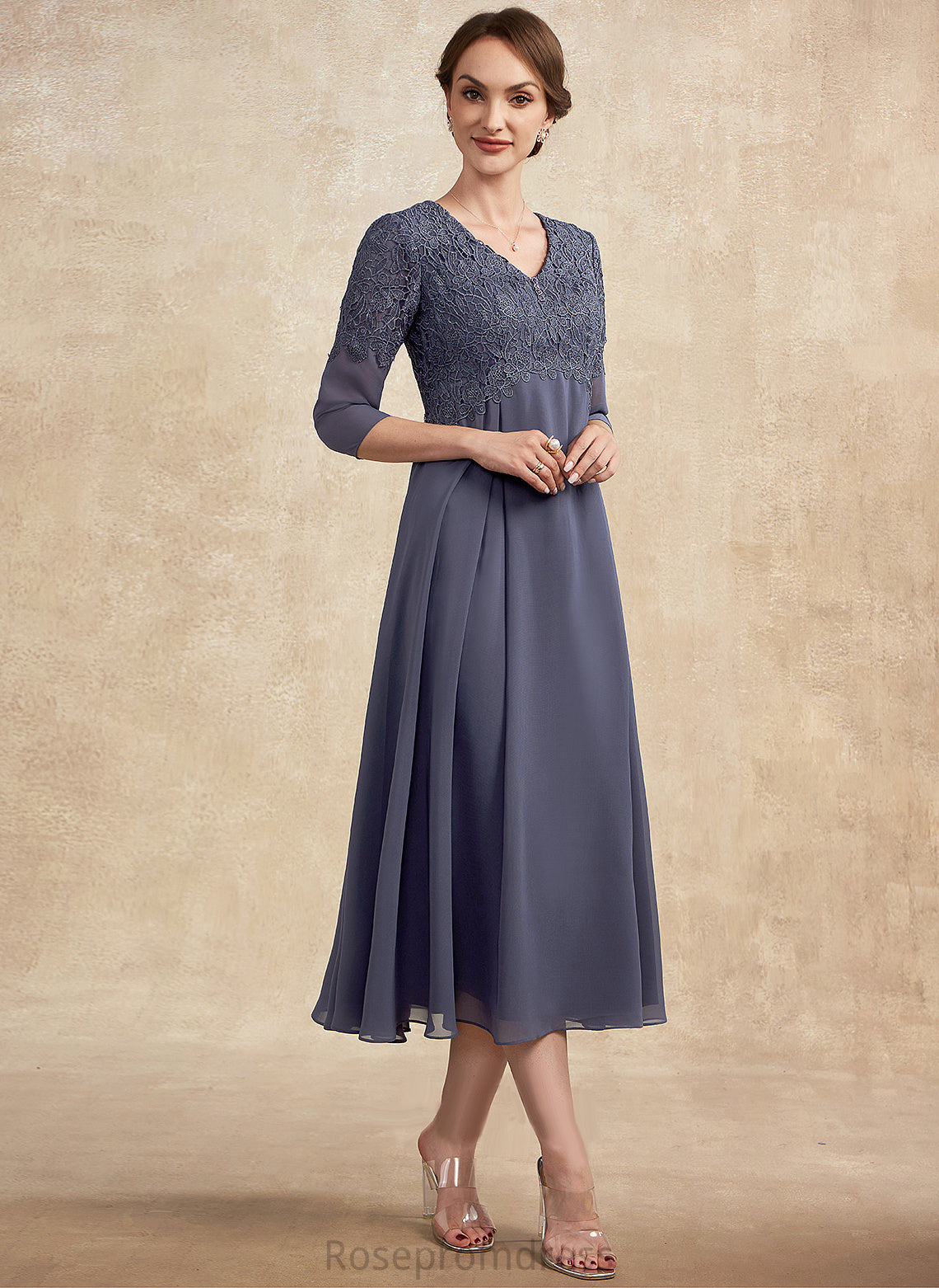 A-Line Mother With Mother of the Bride Dresses Lace V-neck Bride Julianna Tea-Length of Dress Beading Chiffon the