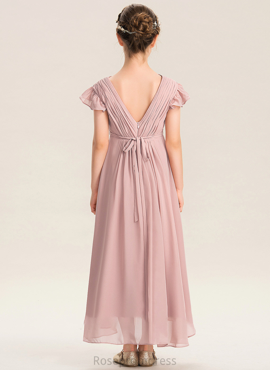 Angelica V-neck Asymmetrical Junior Bridesmaid Dresses Bow(s) Chiffon Ruffles A-Line Cascading With