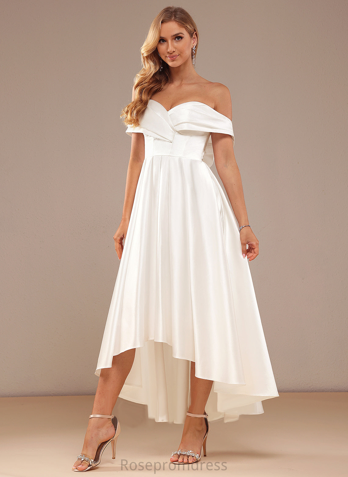 A-Line Dress Asymmetrical Pockets Wedding Satin With Wedding Dresses Noelle Off-the-Shoulder