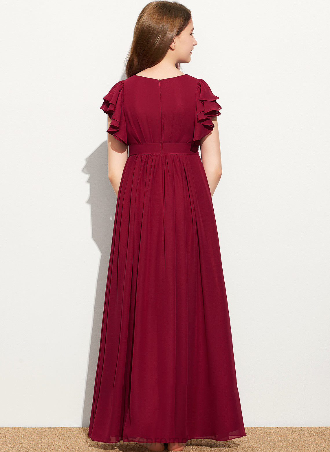 With A-Line Neck Chiffon Phoebe Scoop Junior Bridesmaid Dresses Ruffles Floor-Length Cascading