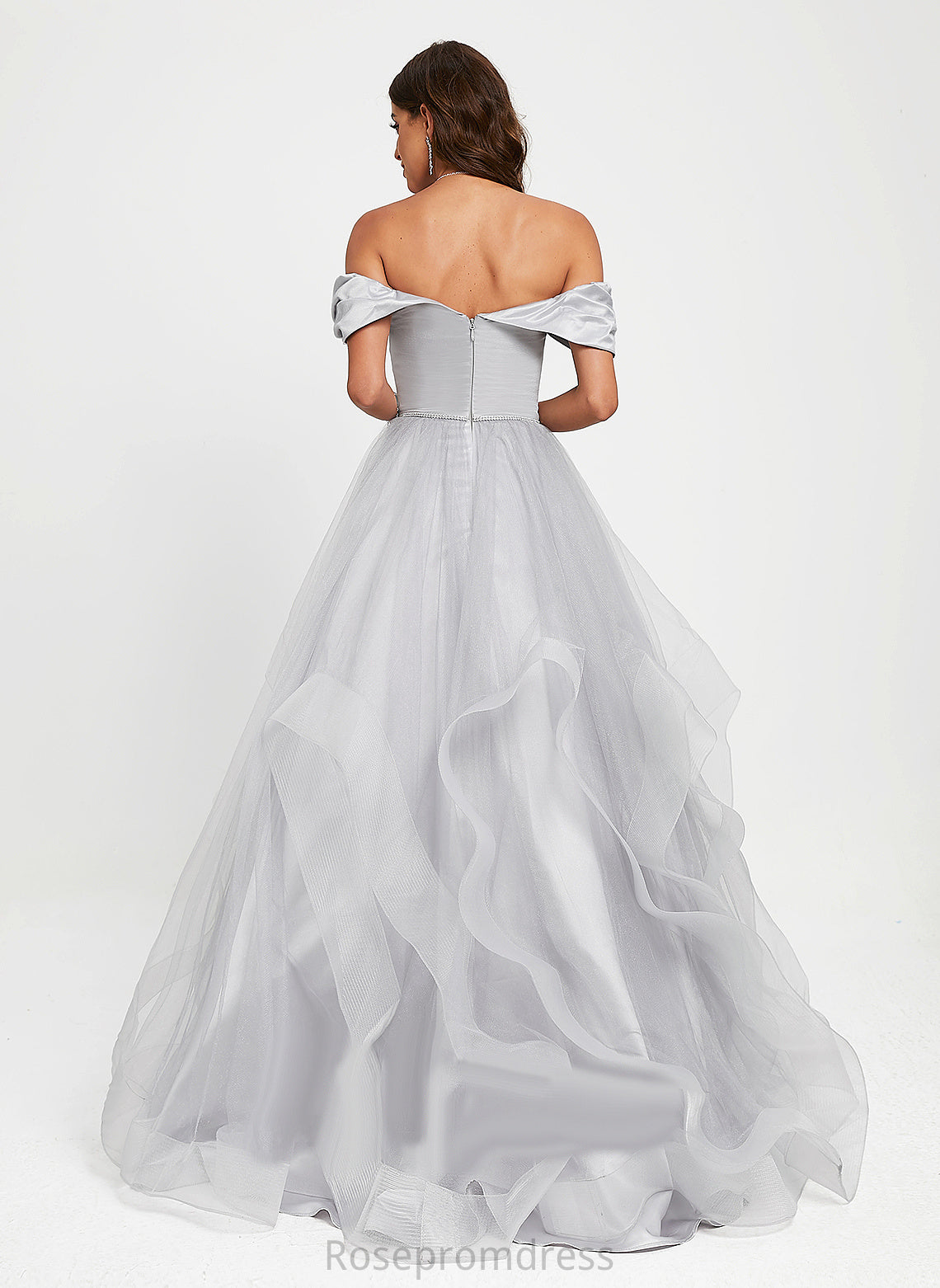 Izabelle Train Tulle Off-the-Shoulder Ball-Gown/Princess Satin Prom Dresses Sweep