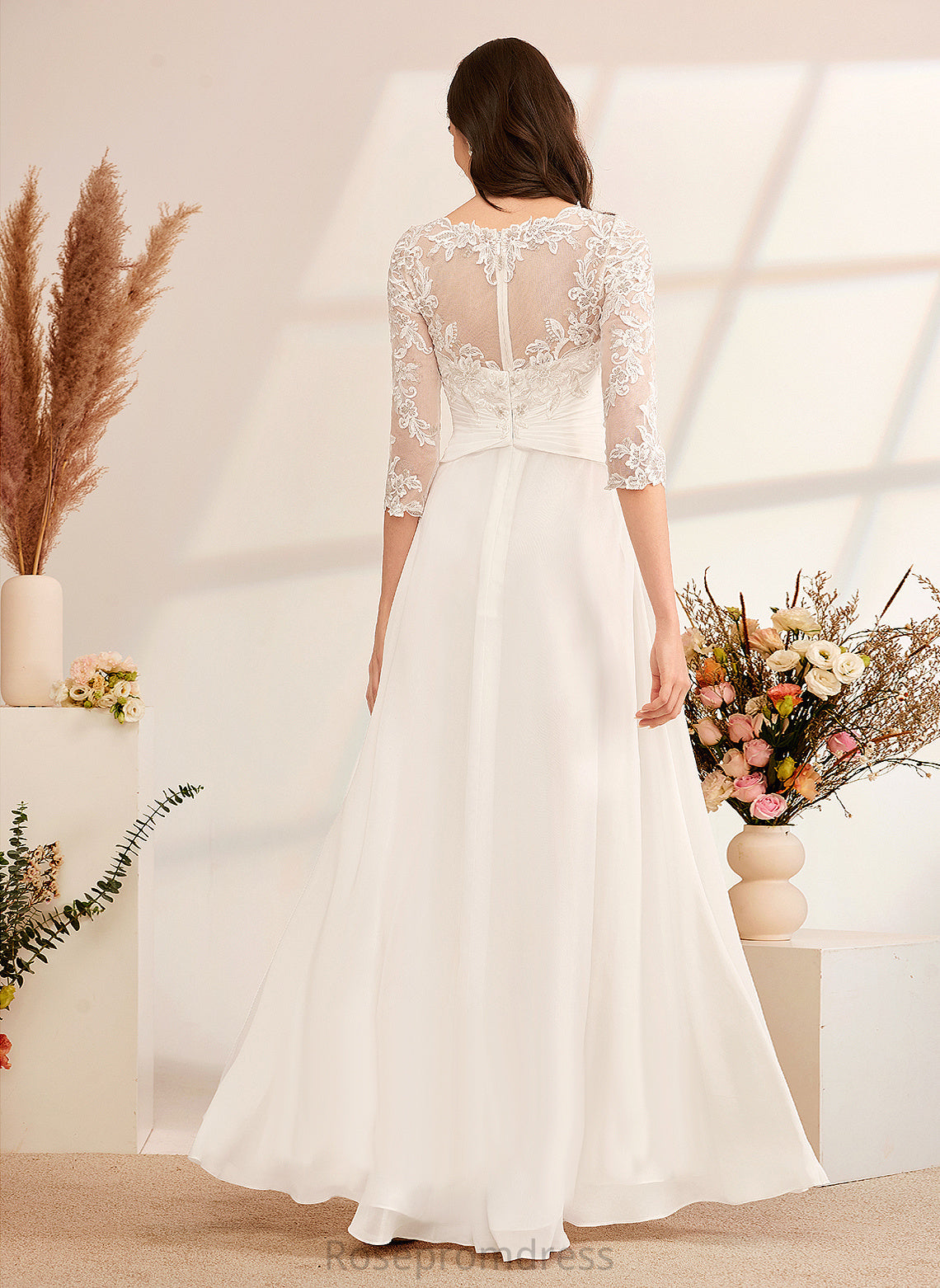 Wedding Dresses A-Line Chiffon Lace Ruffle Floor-Length Katherine Wedding Illusion Dress With Beading