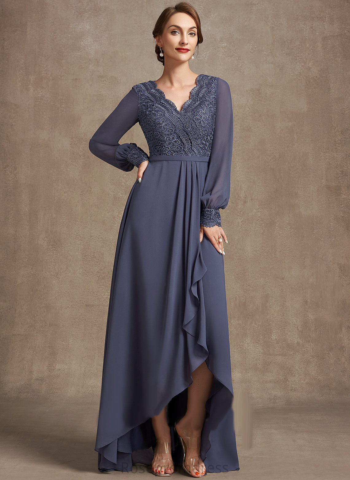 the Dress A-Line Bride Asymmetrical of Lace Chiffon V-neck Mother Britney Mother of the Bride Dresses