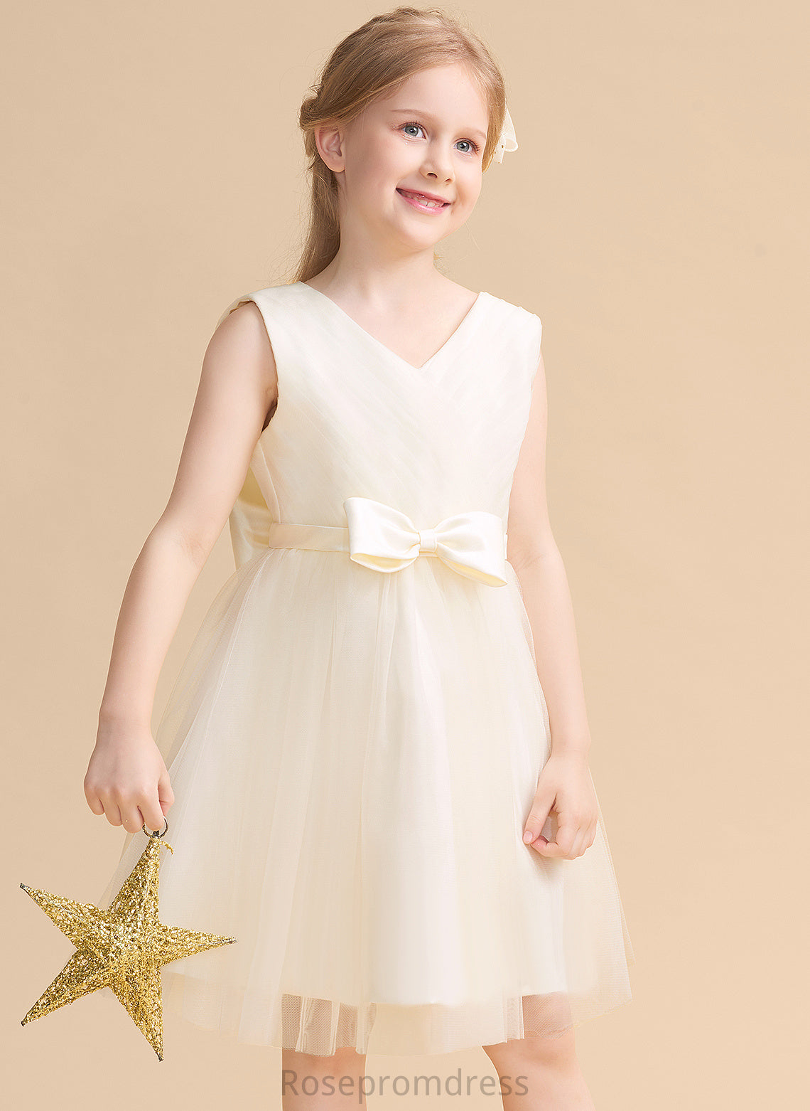 Dress Girl Katherine V-neck A-Line Flower Girl Dresses - With Knee-length Bow(s) Sleeveless Tulle Flower