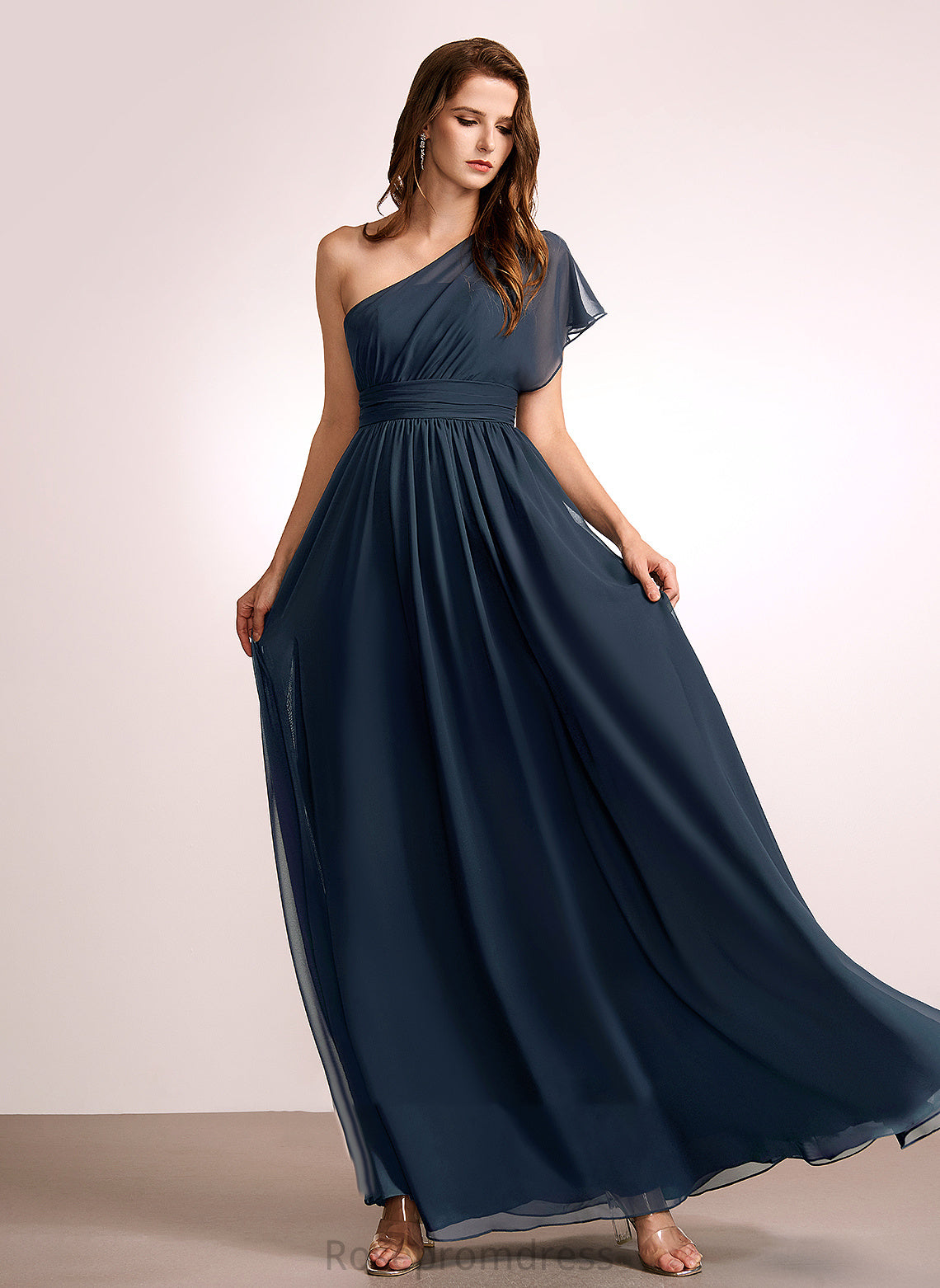 Fabric A-Line Length One-Shoulder Silhouette Ruffle Neckline Floor-Length Embellishment Rosalind Natural Waist Floor Length Bridesmaid Dresses